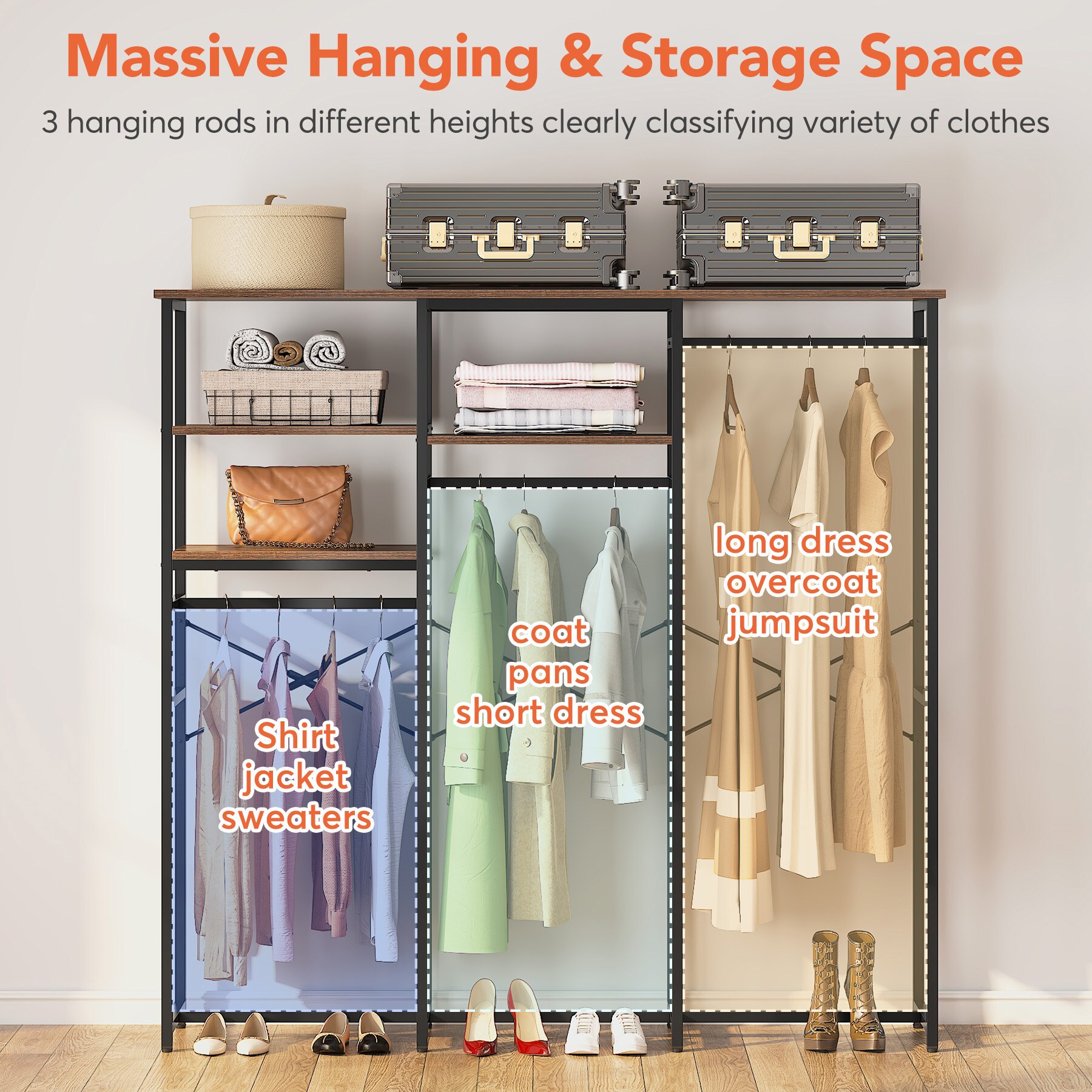 Sturdy 3 Rod Garment Rack w/ Shelves Metal Closet Storage for