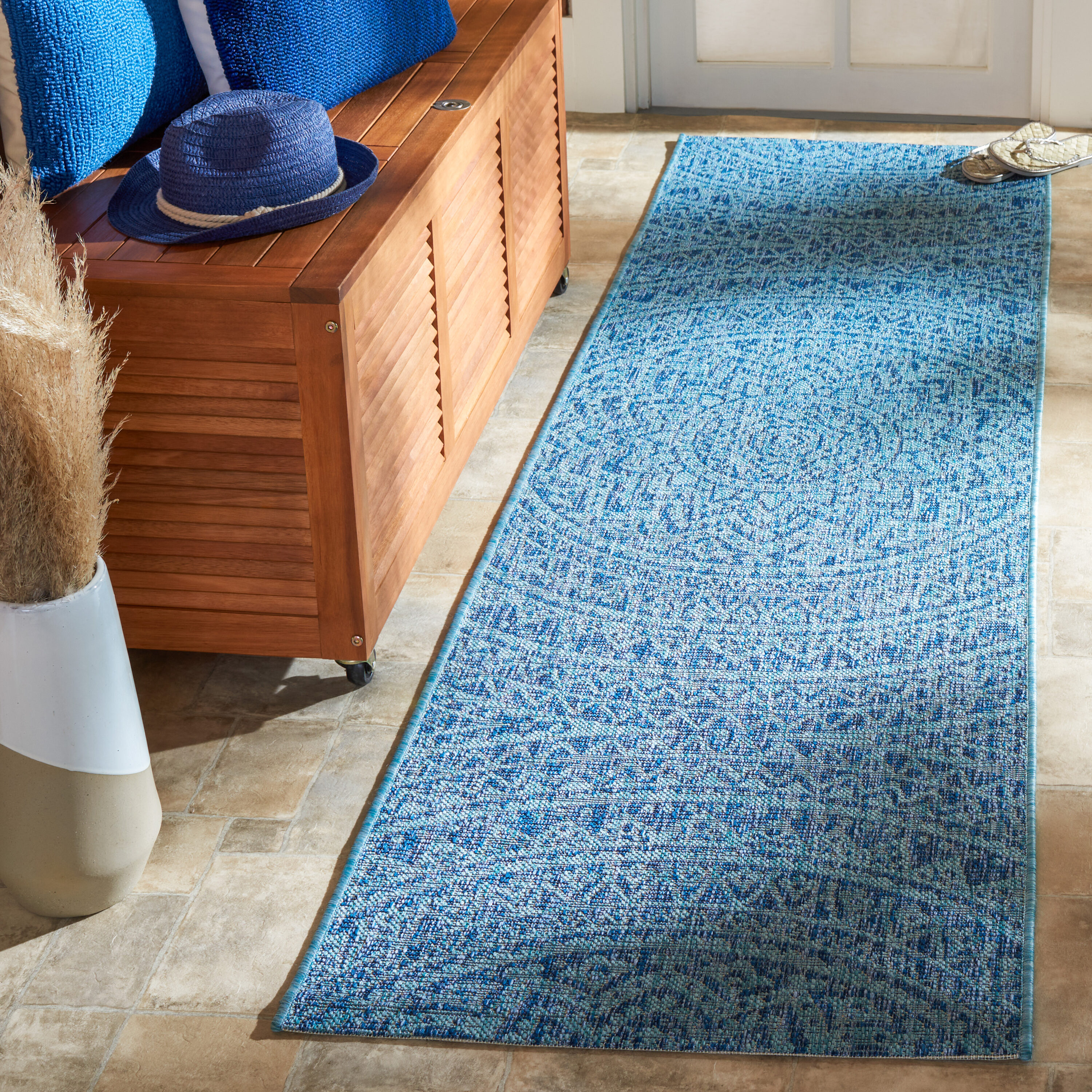 Safavieh CY8734-39421-28 Courtyard 2 x 8 (ft) Loomed Synthetic Navy/Aqua Rectangular Indoor/Outdoor Medallion Runner rug
