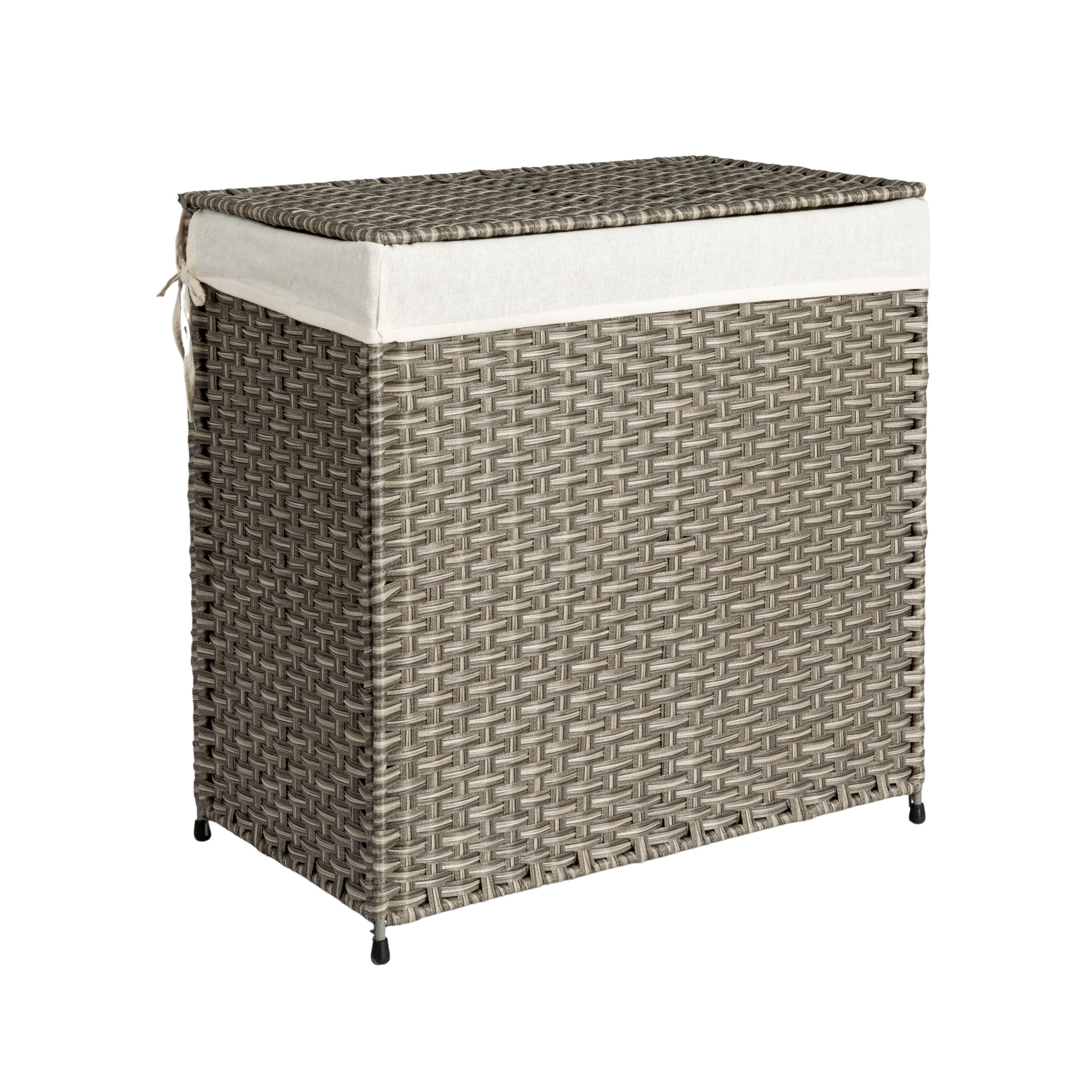 Household Essentials Handwoven Laundry Hamper Synthetic Rattan Clothes Laundry Basket with Lid and Handles Foldable Removable Liner Bag