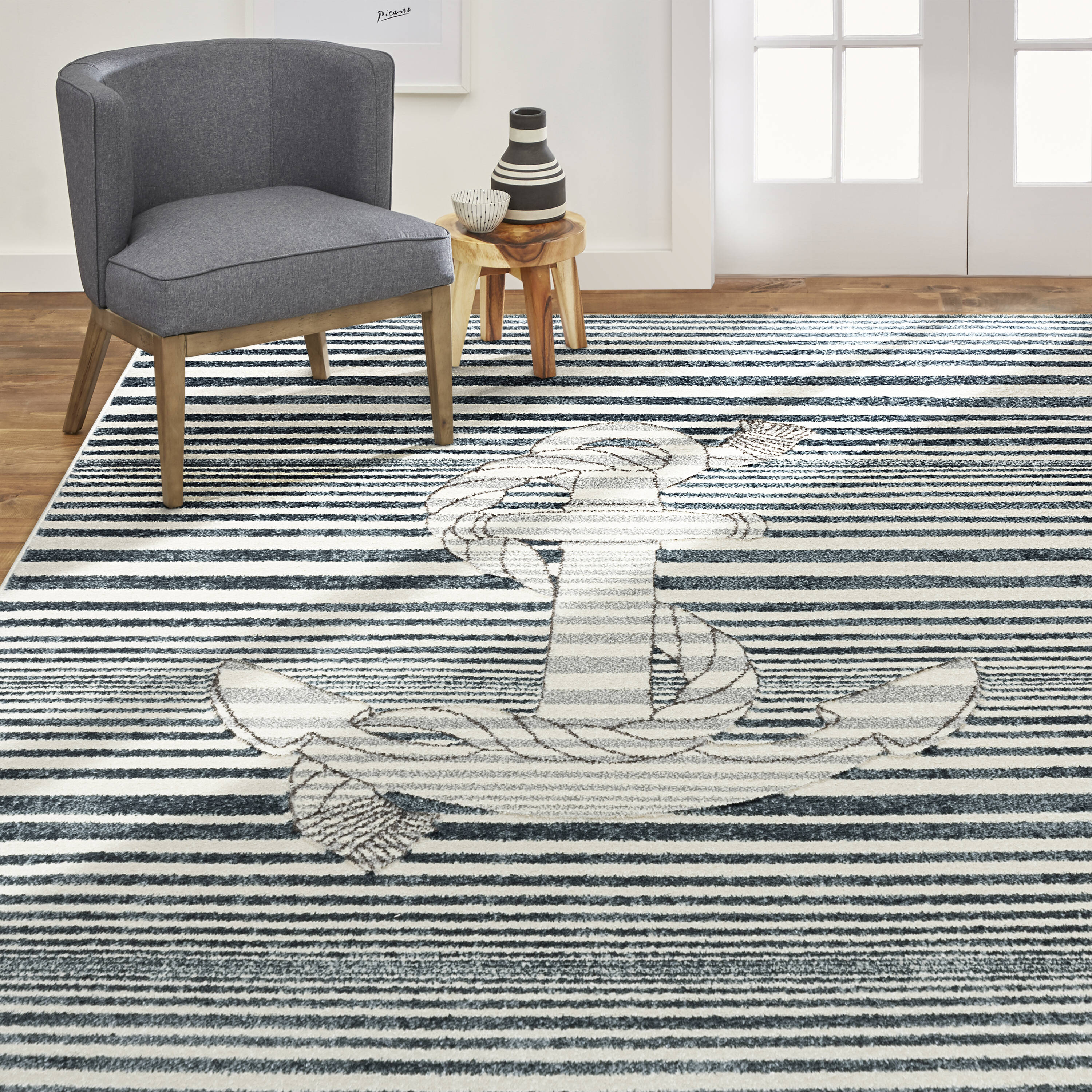 allen + roth Anchor Stripes 8 X 10 (ft) Cream-blue Indoor Stripe Coastal  Area Rug in the Rugs department at