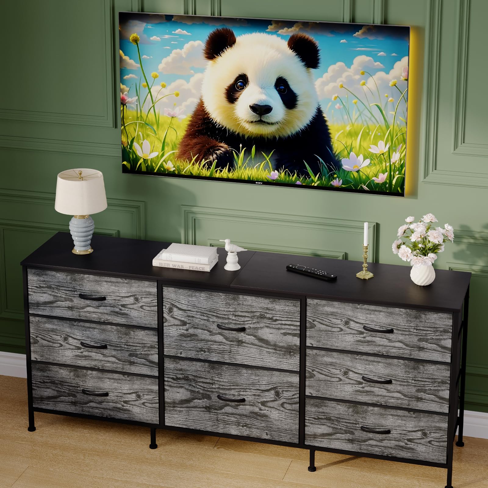 DEXSO 63 Inch TV Stand with 8 Fabric Drawers