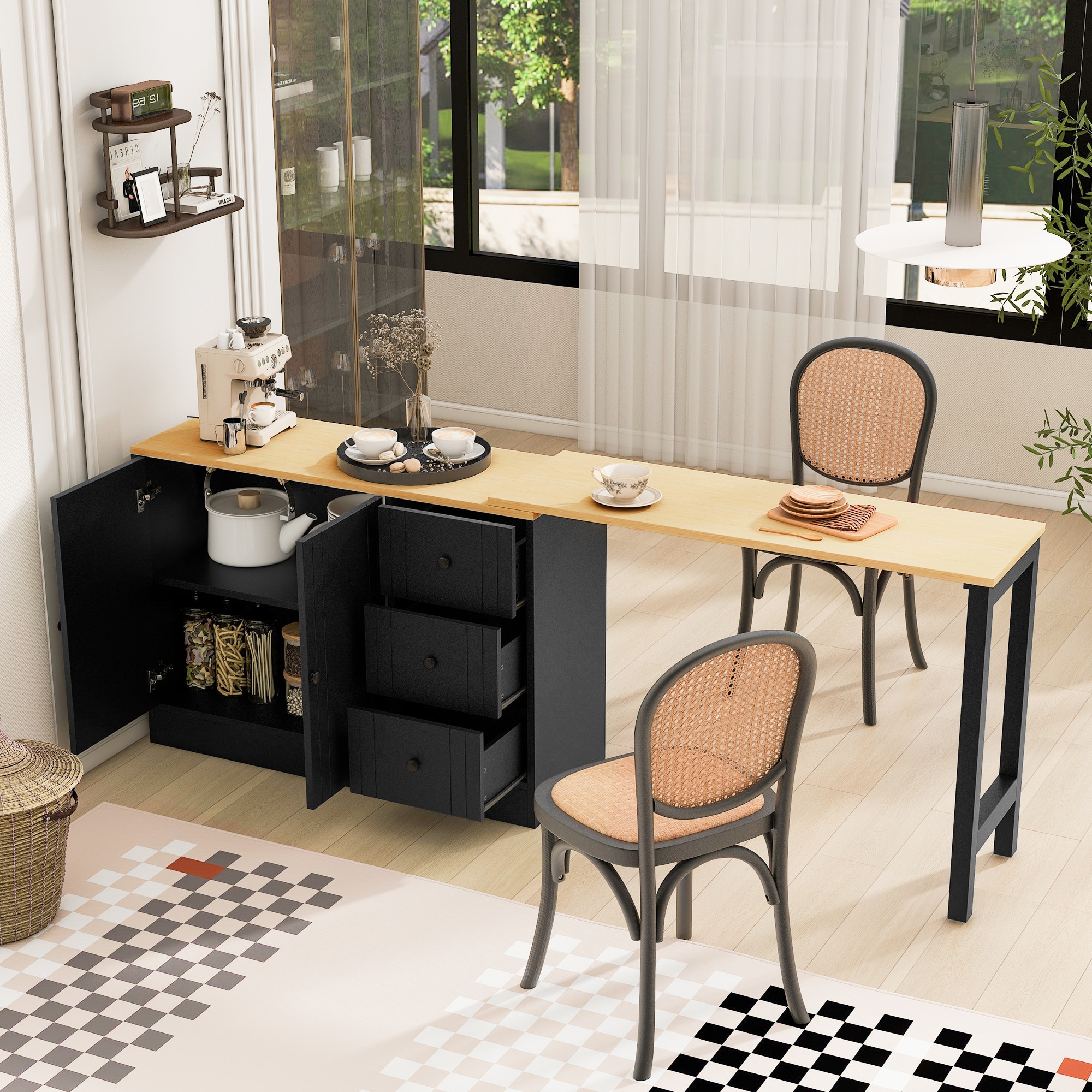 Vynxaria 89.7-in W x 32.2-in H x 15.7-in D Black And Natural Buffet Sideboard Cabinet with Adjustable Shelves and 2 Drawers and Pull-Out Storage
