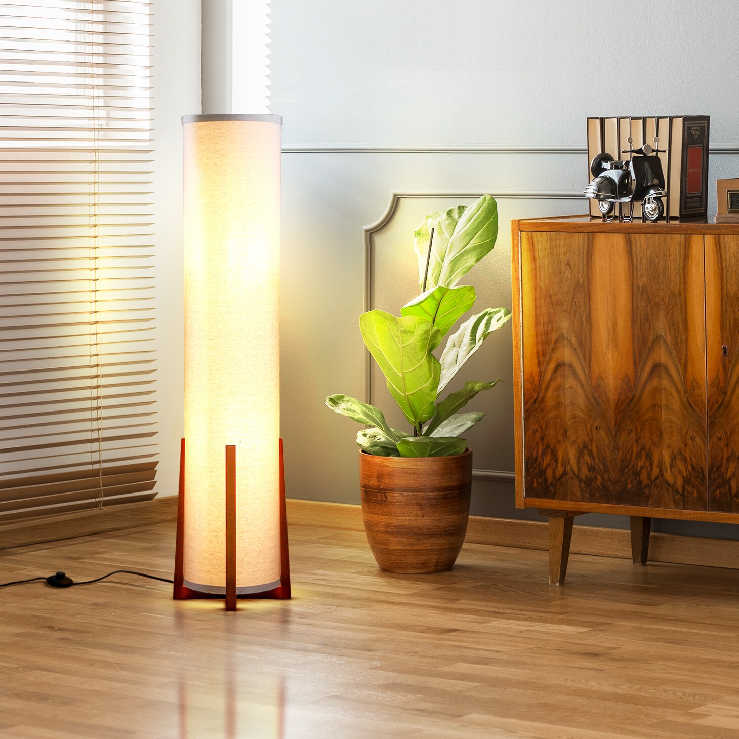 48-Inch White Linen and Wood Floor Lamp with LED