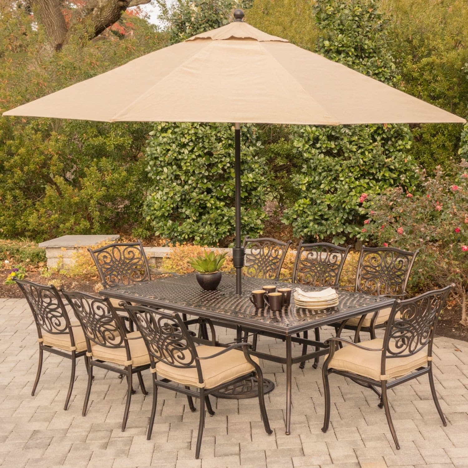 Hanover TRADDN9PC-SU Traditions 10 -Piece Bronze Patio Dining Set Aluminum Rectangle Table with 8 Tan Cushions Stationary Chairs and Umbrella Included
