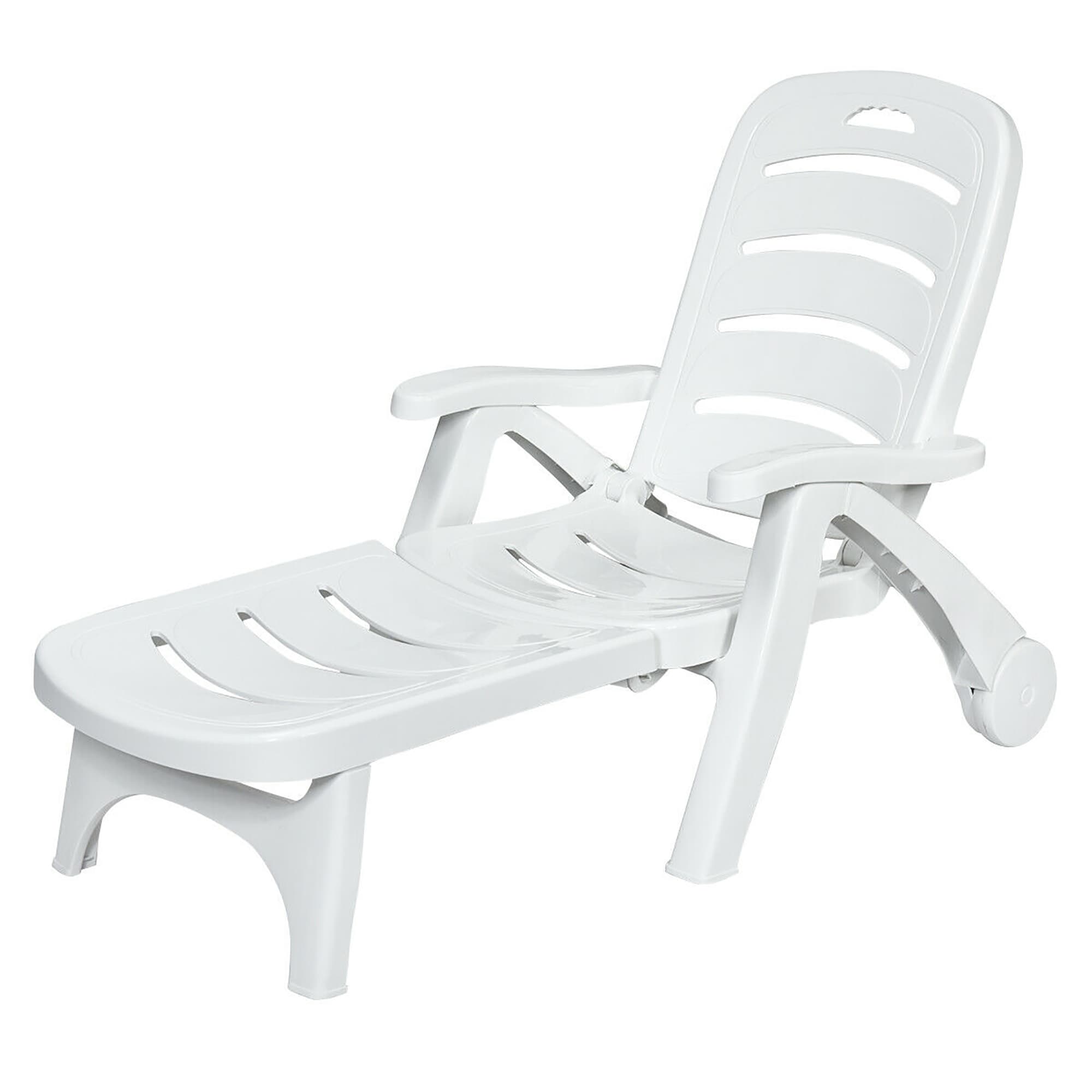 White Adjustable Folding Chaise Lounge Chair with Wheels