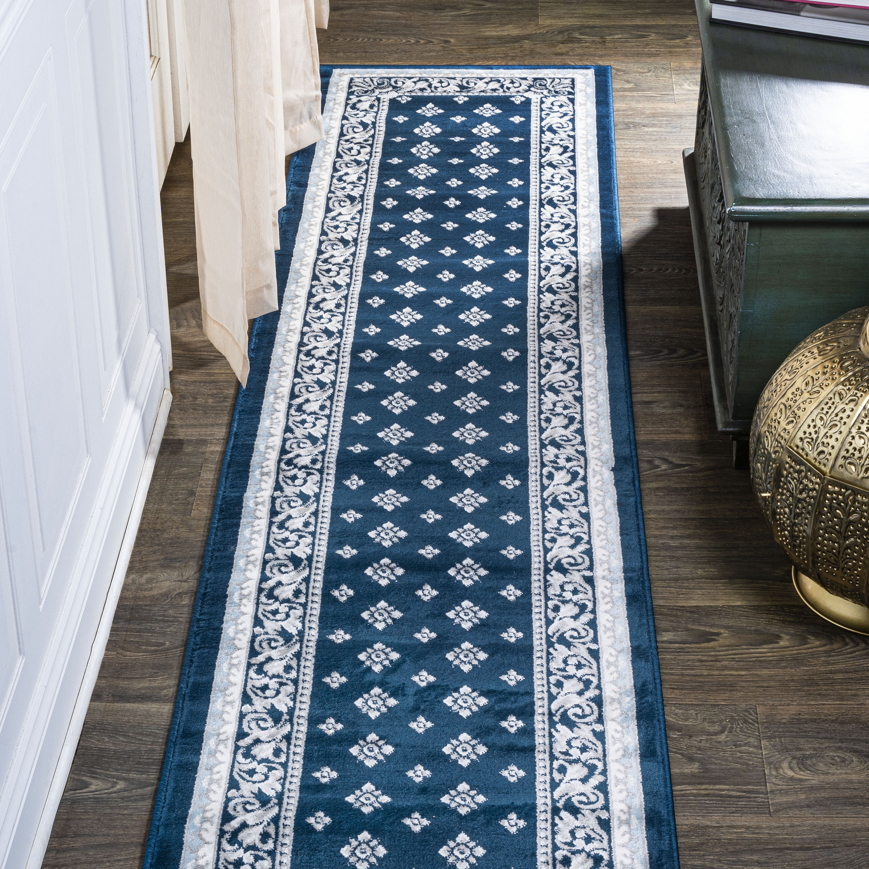 JONATHAN  Y MDP504C-210 MODERN PERSIAN Acanthus French Border 2 x 10 (ft) Flatweave Polypropylene Navy/Blue Rectangular Indoor Medallion Persian Runner rug