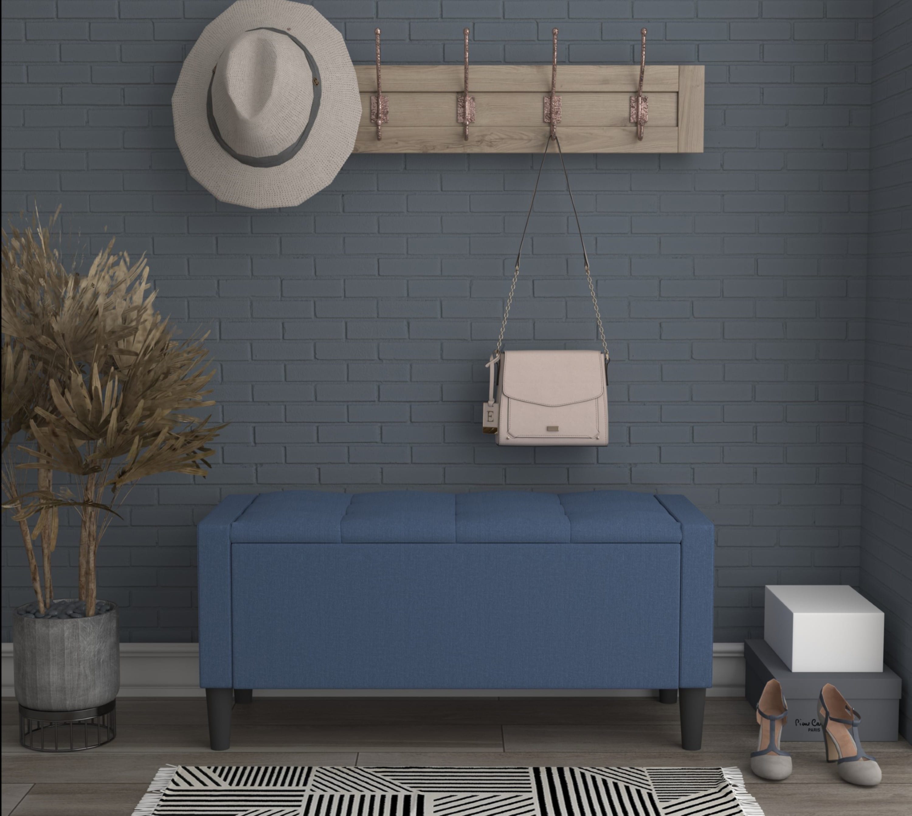 Home Design 10016-331 Braylen Modern Denim Blue Storage Bench with Storage 42.1-Inches x 18.3-Inches x 19.4-Inches