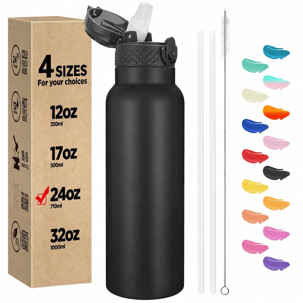 Etokfoks  24 oz Black Stainless Steel Double Wall Vacuum Insulated Leakproof Straw Lid Water Bottle with Strap 1 Piece