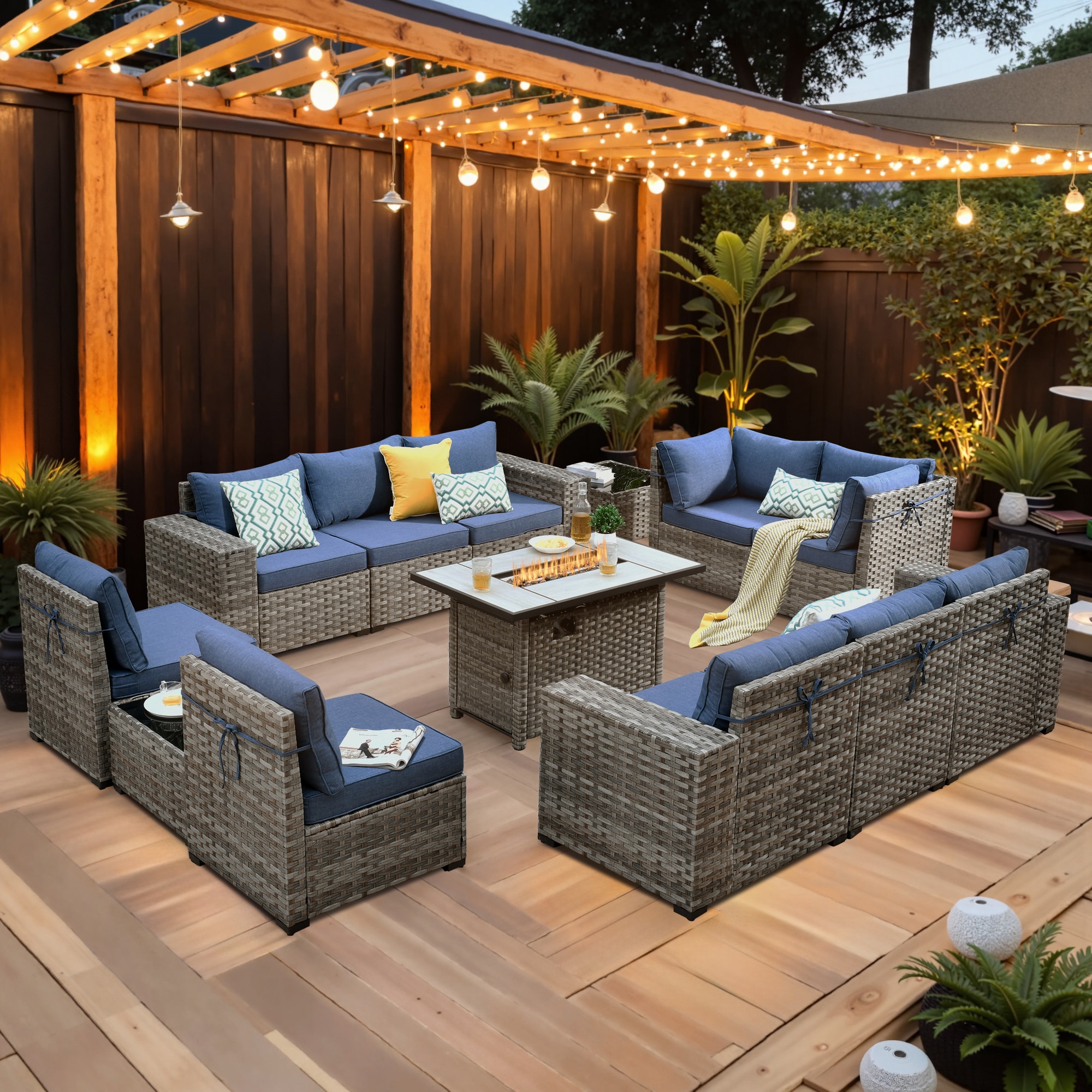 Ovios RFPRS804 13 -Piece Wicker 2 Patio Sofa Conversation Set with Blue Cushions