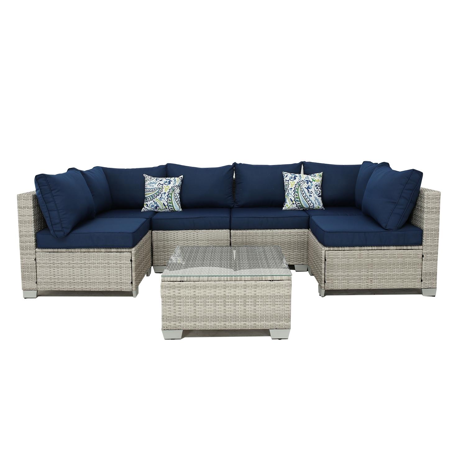 Damerin N7CS48 7 -Piece Wicker 2 Patio Sofa Conversation Set with Blue Cushions
