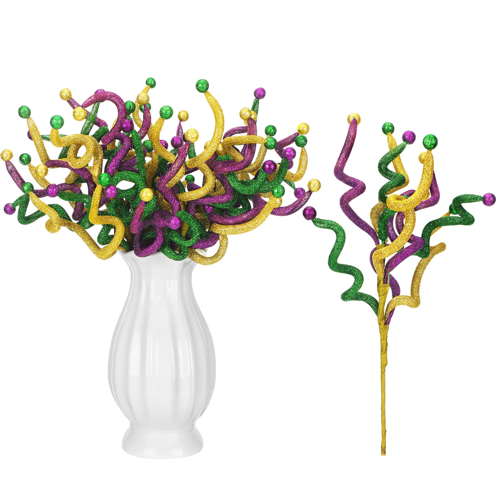 Phyfalip  6 pcs Mardi Gras Decoration Picks 15 Inch Purple Green Gold Artificial Twig Branch for Table Centerpiece Wreath Tree Topper Party
