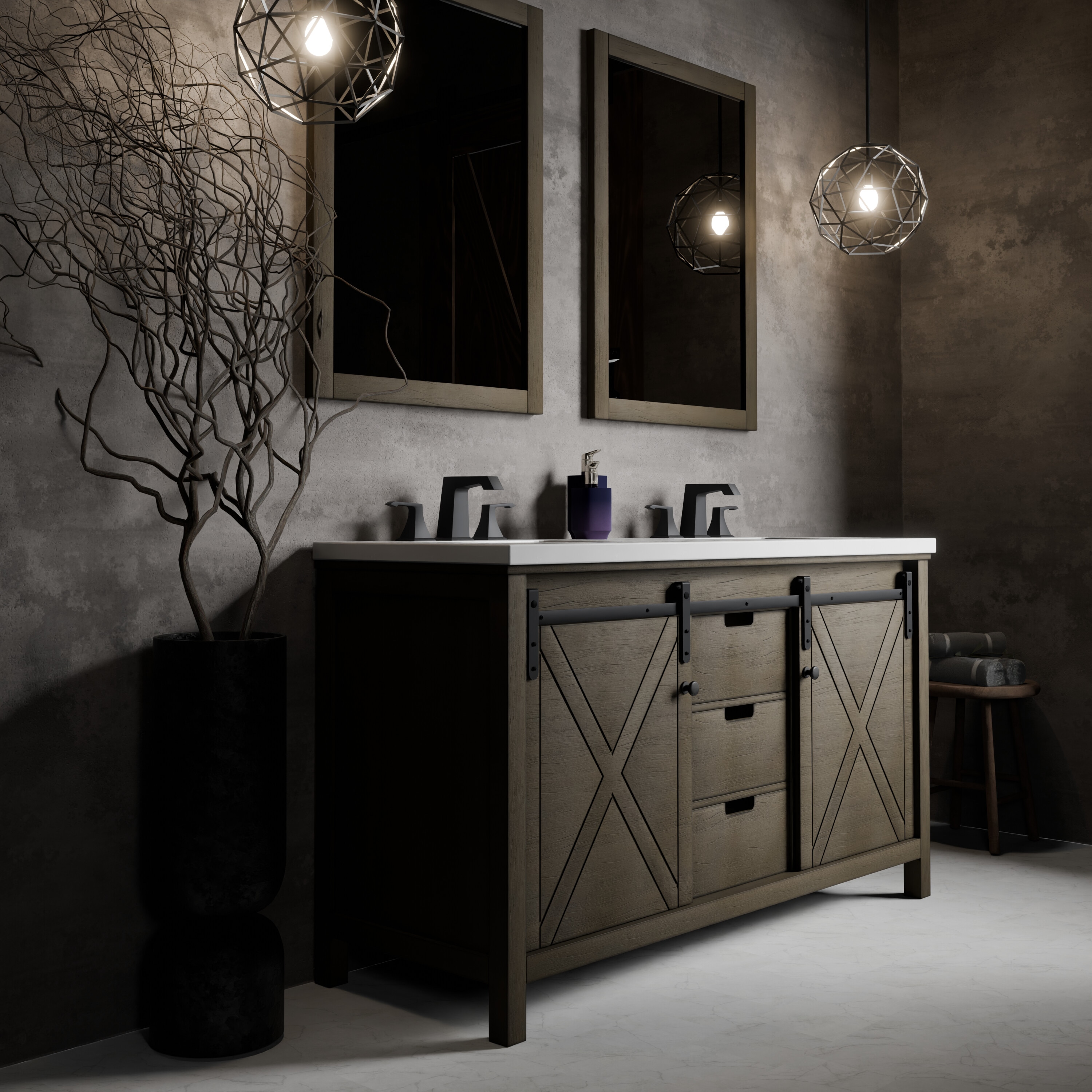 Lexora LVM60DK311 Marsyas 60-in Rustic Brown Undermount Double Sink Bathroom Vanity with White Cultured Marble Top (Mirror Included) (Faucet Included)