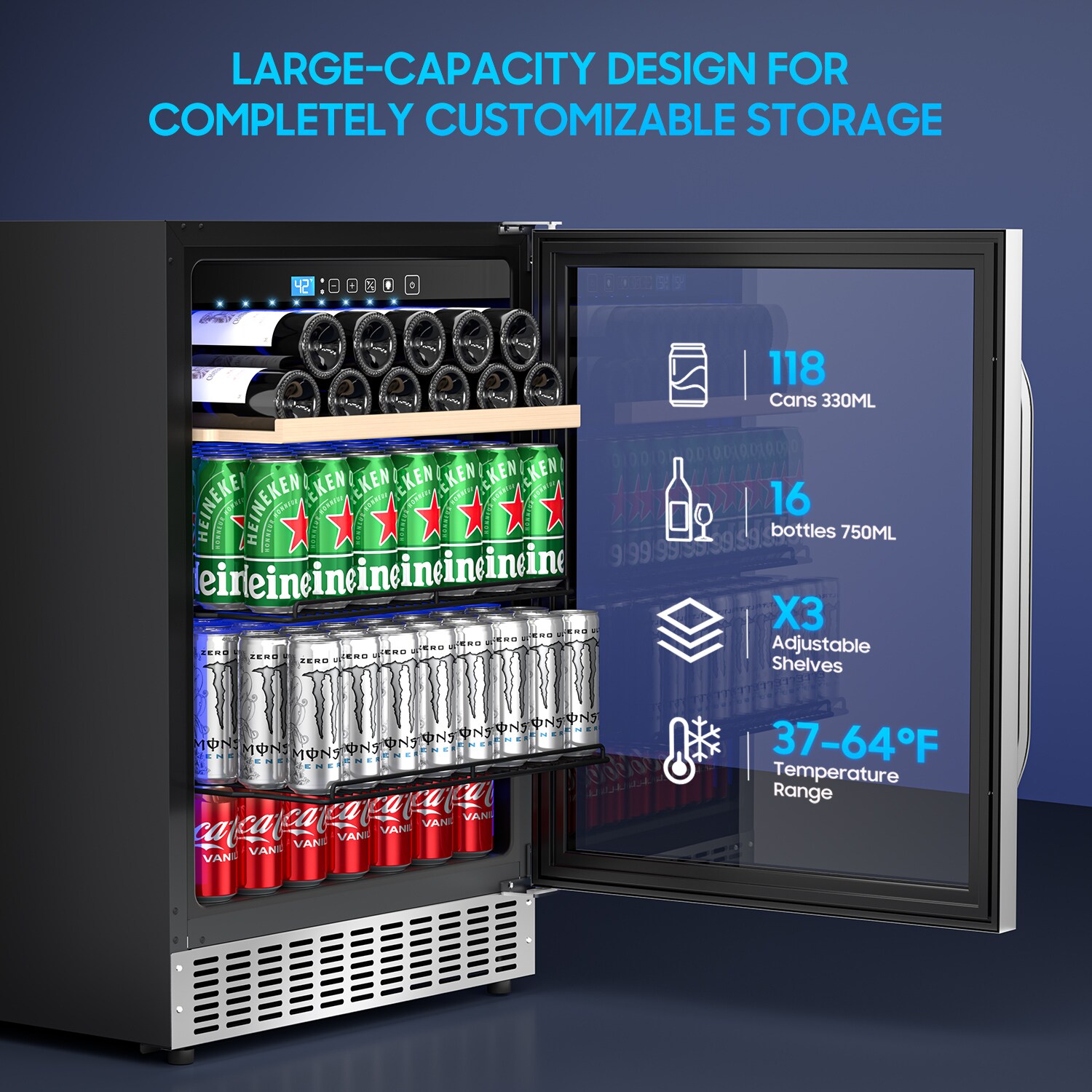 Taoi Fxio 24 Wine and Beverage Refrigerator 118 Cans and 16Bottle Under Counter Wine Fridge with Upgraded Cooling Blue LED Light Large Capacity Under Counter Beer Cooler Built In or Freestanding Sansujyuku sansujyuku.com