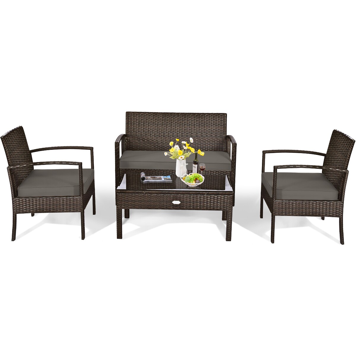 Clihome CWCH-HW63AD755 4 -Piece Rattan Patio Conversation Set with Brown Polyester Cushions