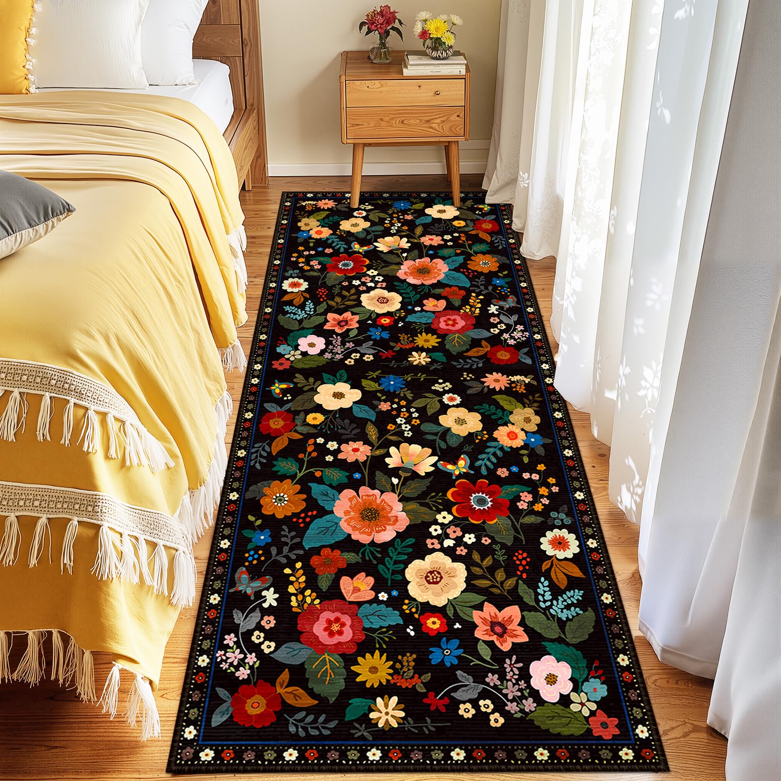 OMOMMD - Black Washable Boho Floral Area Rugs Non Slip Low Pile Soft Pet Friendly 2ft x 6ft