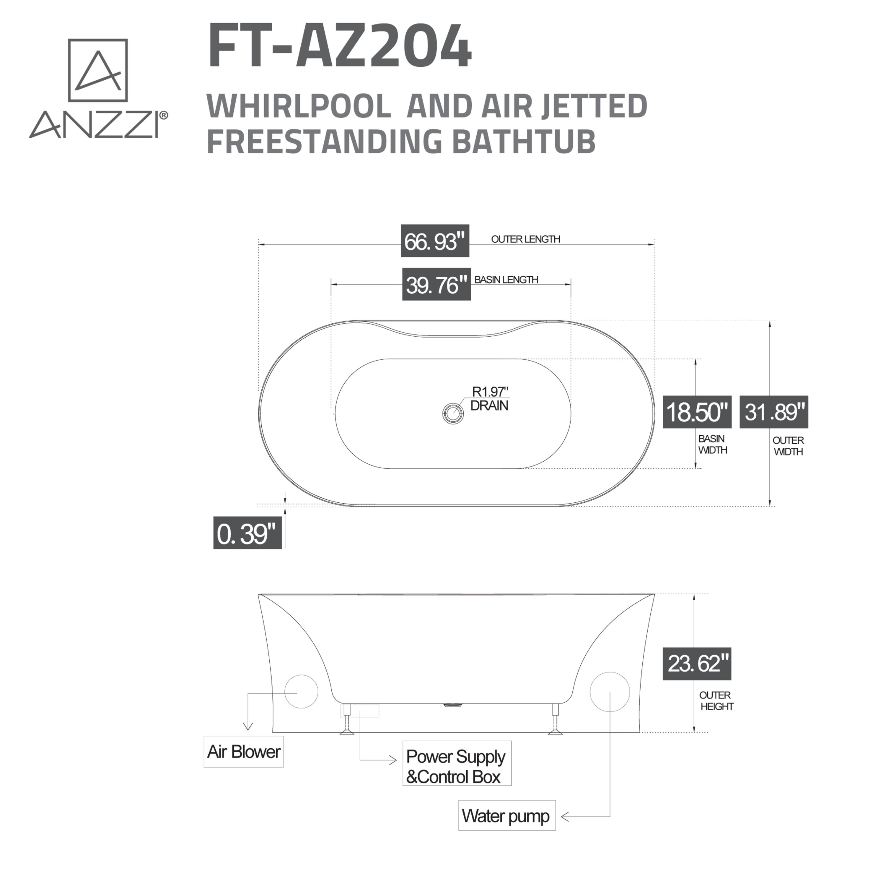 67-Inch White Acrylic Freestanding Whirlpool Bathtub with Chromotherapy