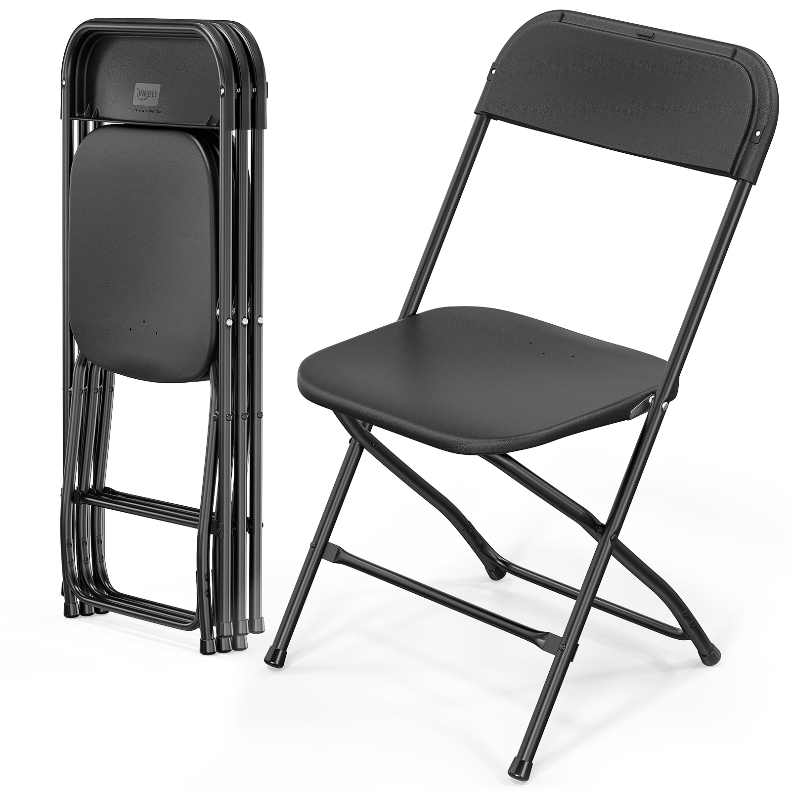 VINGLI 4 Pack Plastic Folding Chair Stackable Seat with Steel Frame 350lb Capacity for Events Office Wedding Party Picnic Kitchen Dining Black