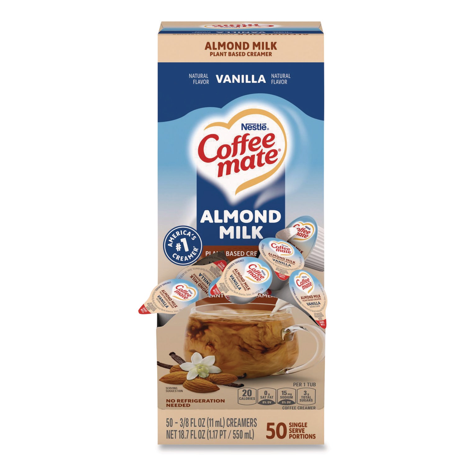 Coffee Mate Plant-Based Almond Milk Non-Dairy Liquid Creamer Singles Natural Vanilla 0.38 oz Mini Cups 50/Box #42258BX