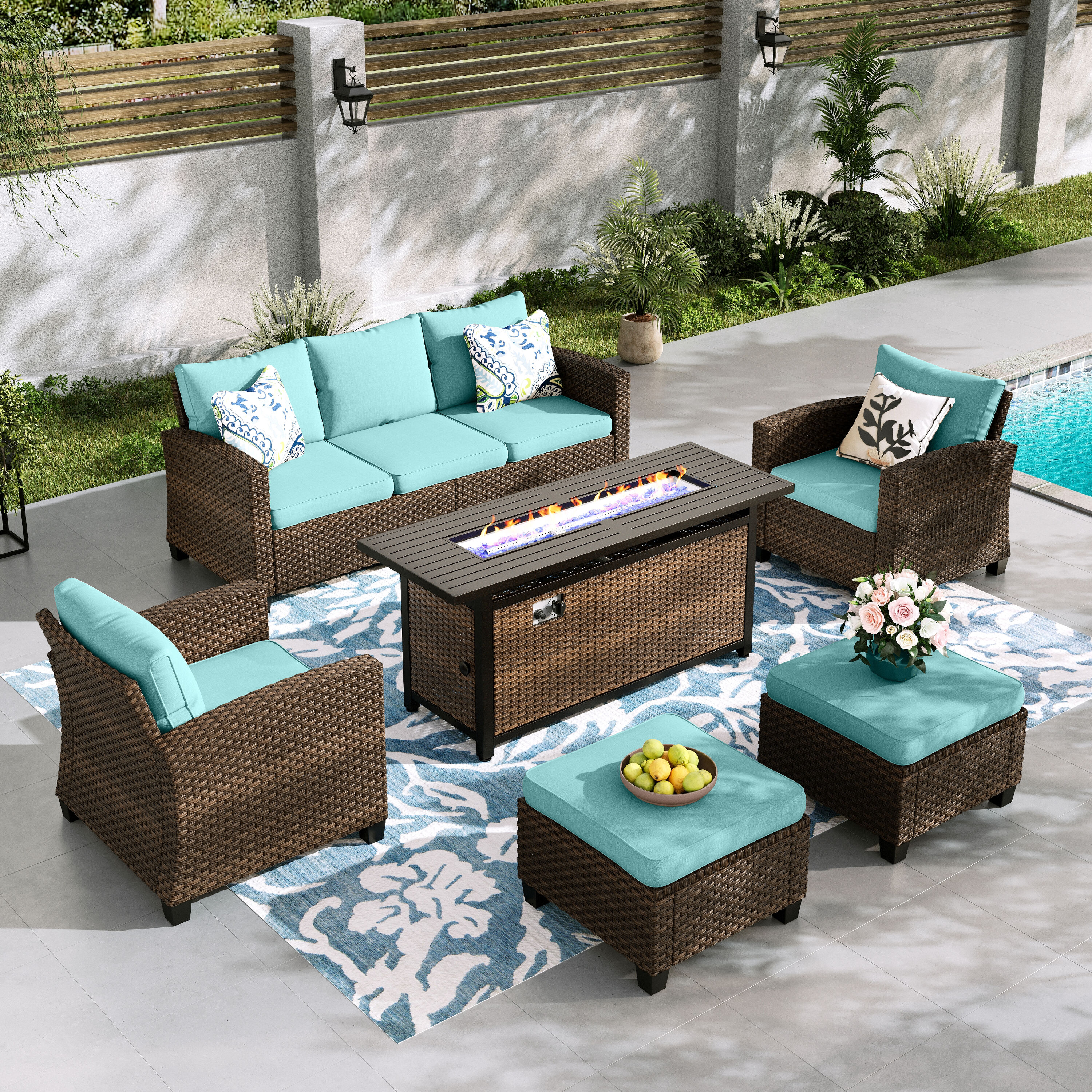 Sunshine Valley CR007-09-7-BU-GS103 Patio Furniture Set with Fire Pit 6 -Piece Wicker Patio Sofa Conversation Set with Blue CUSHION PRO Cushions