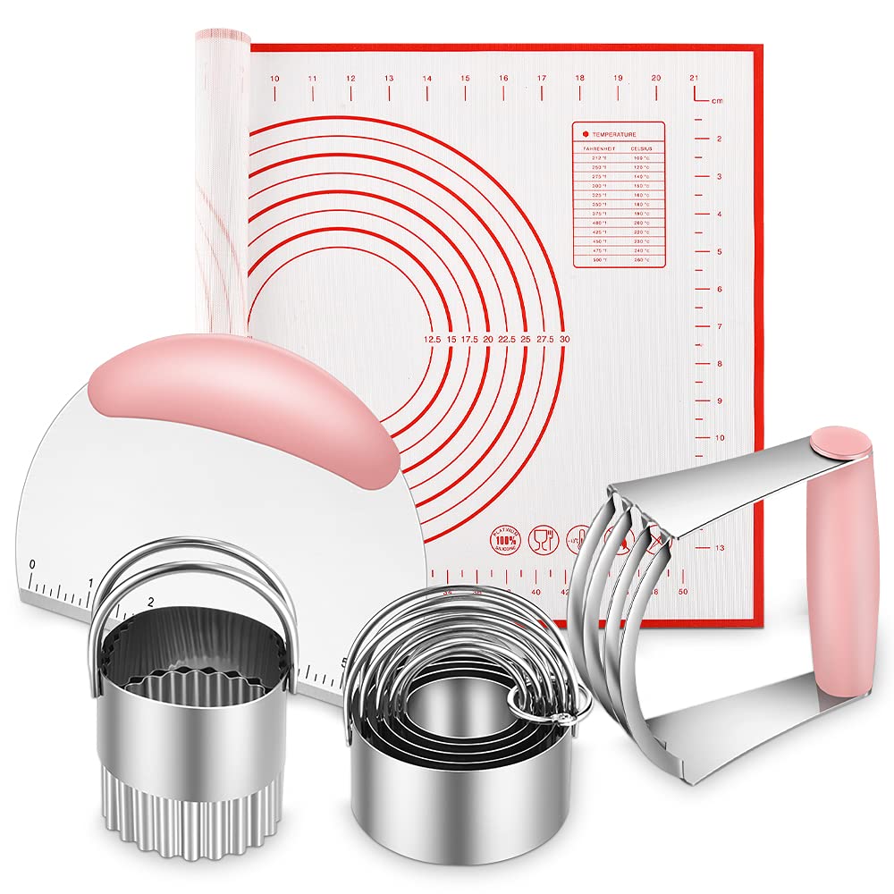 DHMHD  Stainless Steel Biscuit Dough Cutter Set Five Pieces with Silicone Baking Mats and Pastry Blender for Baking and Cooking