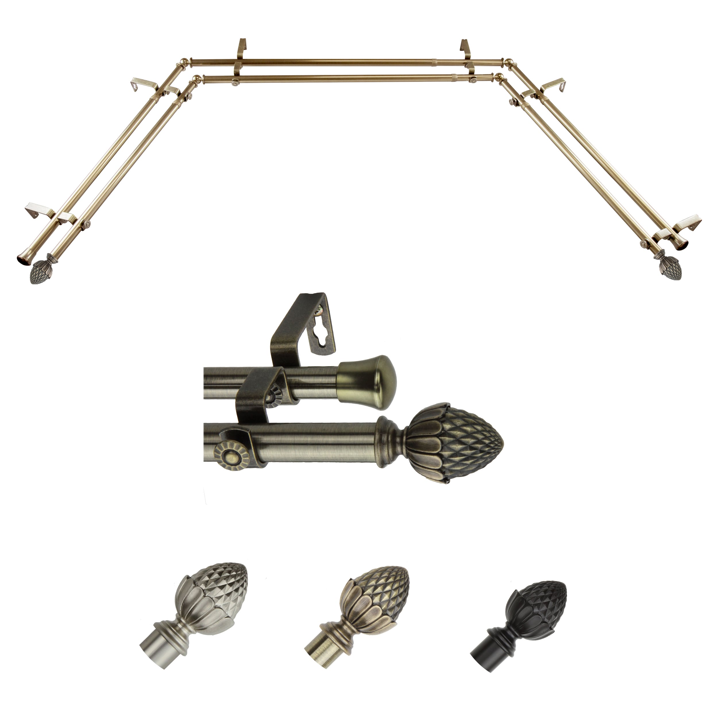 Hart & Harlow LO-ABAY-67-4D 72-in to 144-in Antique Brass Steel Bay window curtain rod with Finials