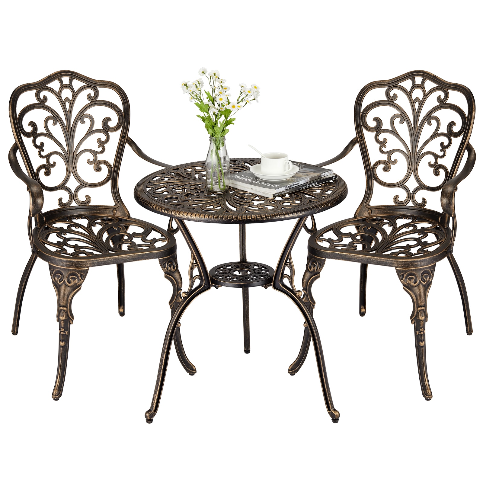 Garvee 3 Pieces Patio Bistro Set Cast Aluminum Cafe Table and Chairs Set of 2 Umbrella Hole Durable Rust All Weather Resistance Furniture Porch Backyard Garden Bronze