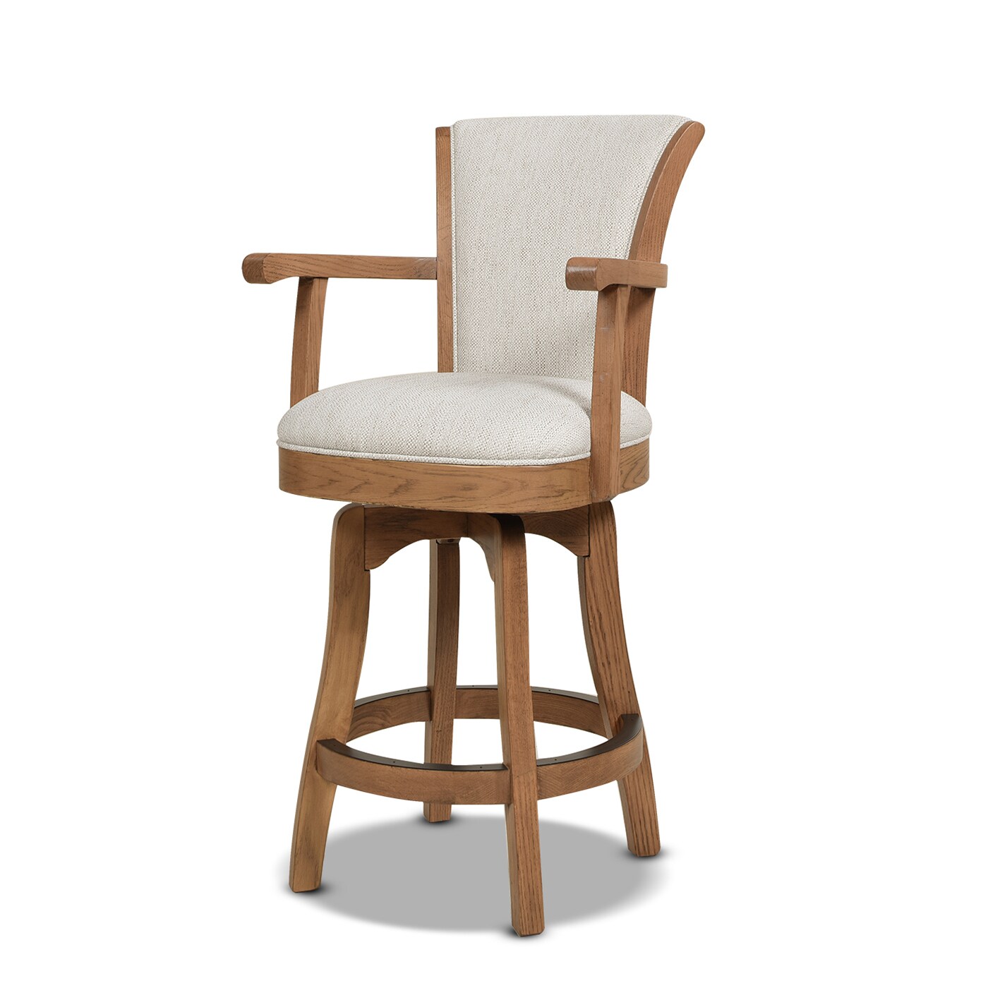 Classic Farmhouse 27" White Leather Swivel Bar Stool with Oak Arms