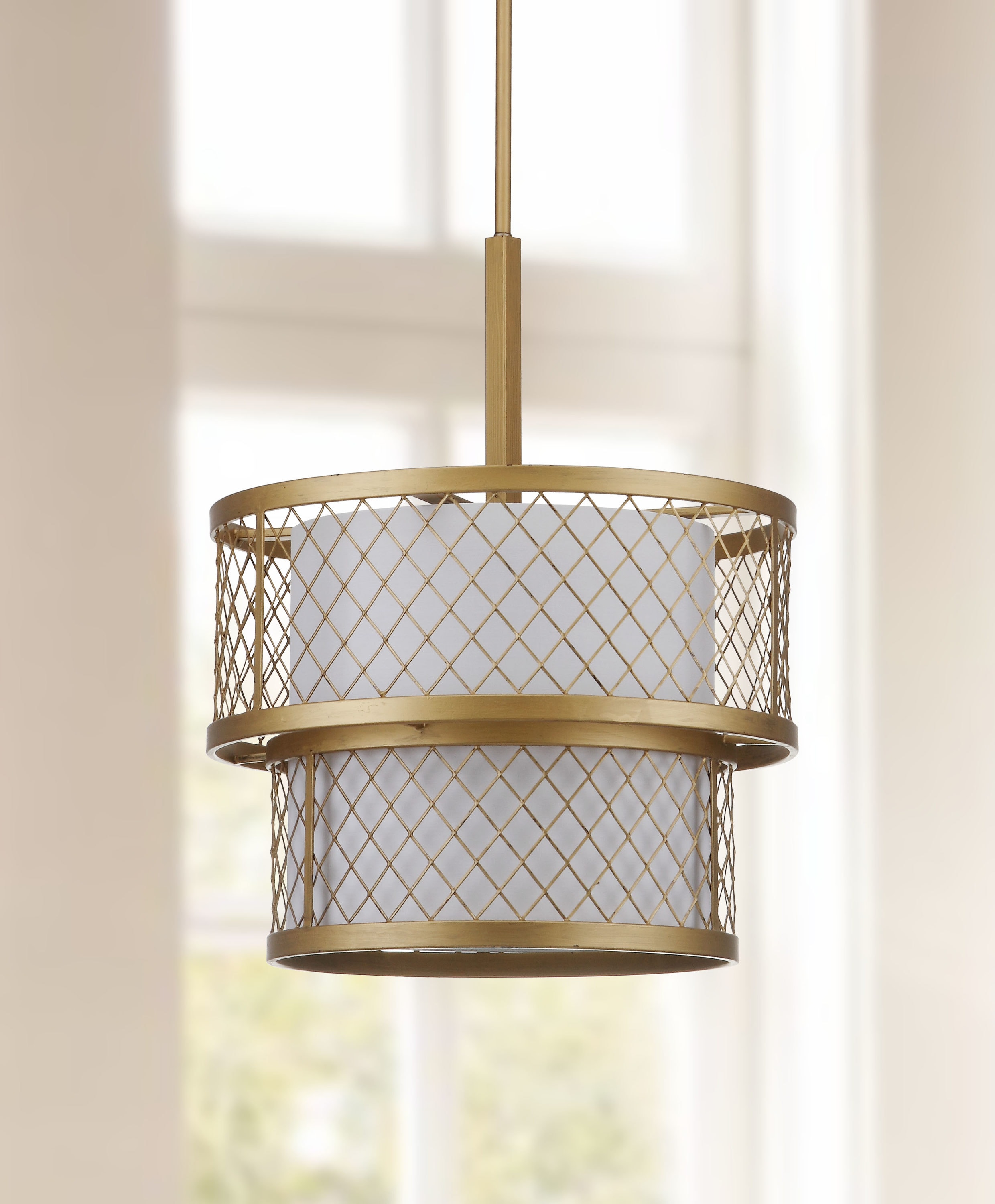 Contemporary Gold Mesh Drum Pendant Light with White Shade
