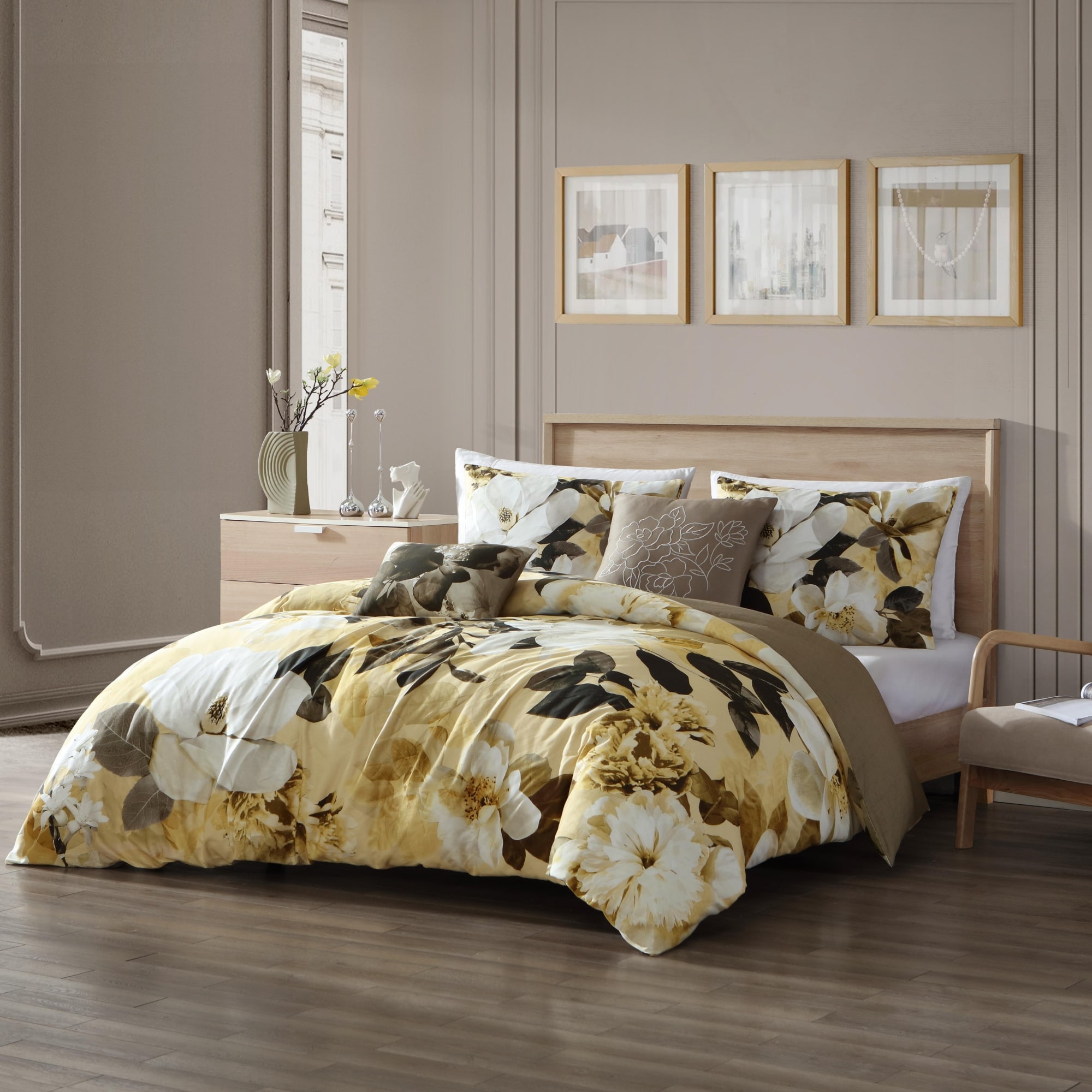 Yellow Magnolia Floral Cotton Queen Reversible Comforter Set
