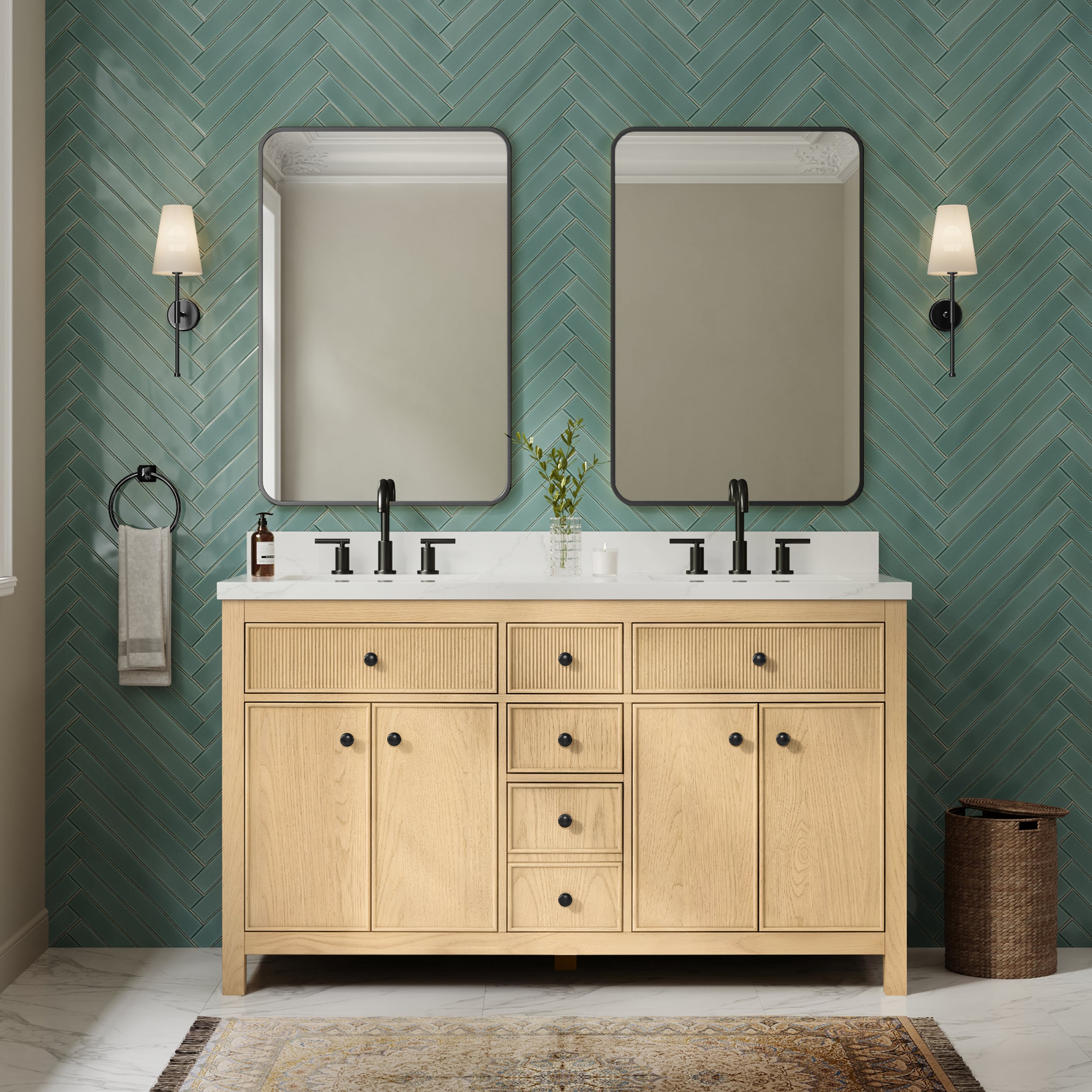 Wyndham Collection Rian 60 Inch Double Bathroom Vanity in Scandinavian Oak, Giotto Quartz Countertop, Undermount Square Sinks (3-Hole), Matte Black Trim