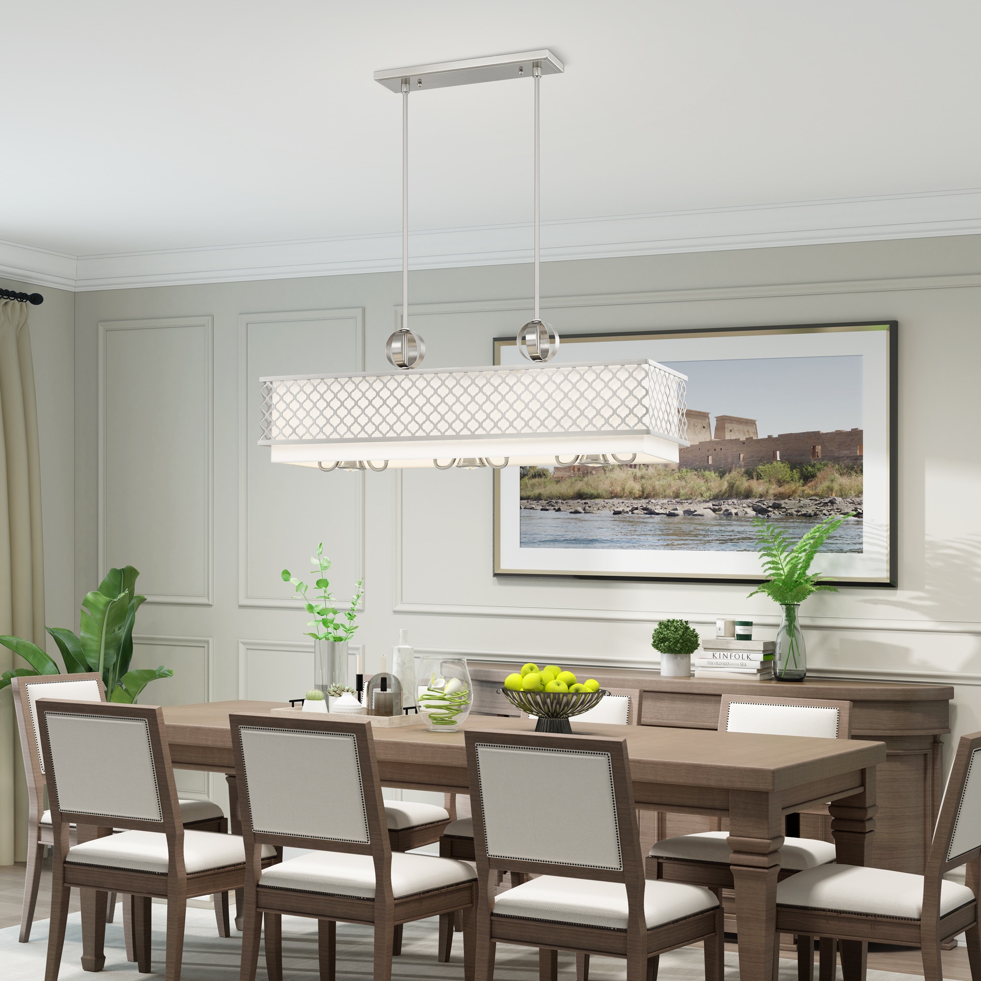 Arabesque Brushed Nickel 9-Light Linear Chandelier with Fabric Shade
