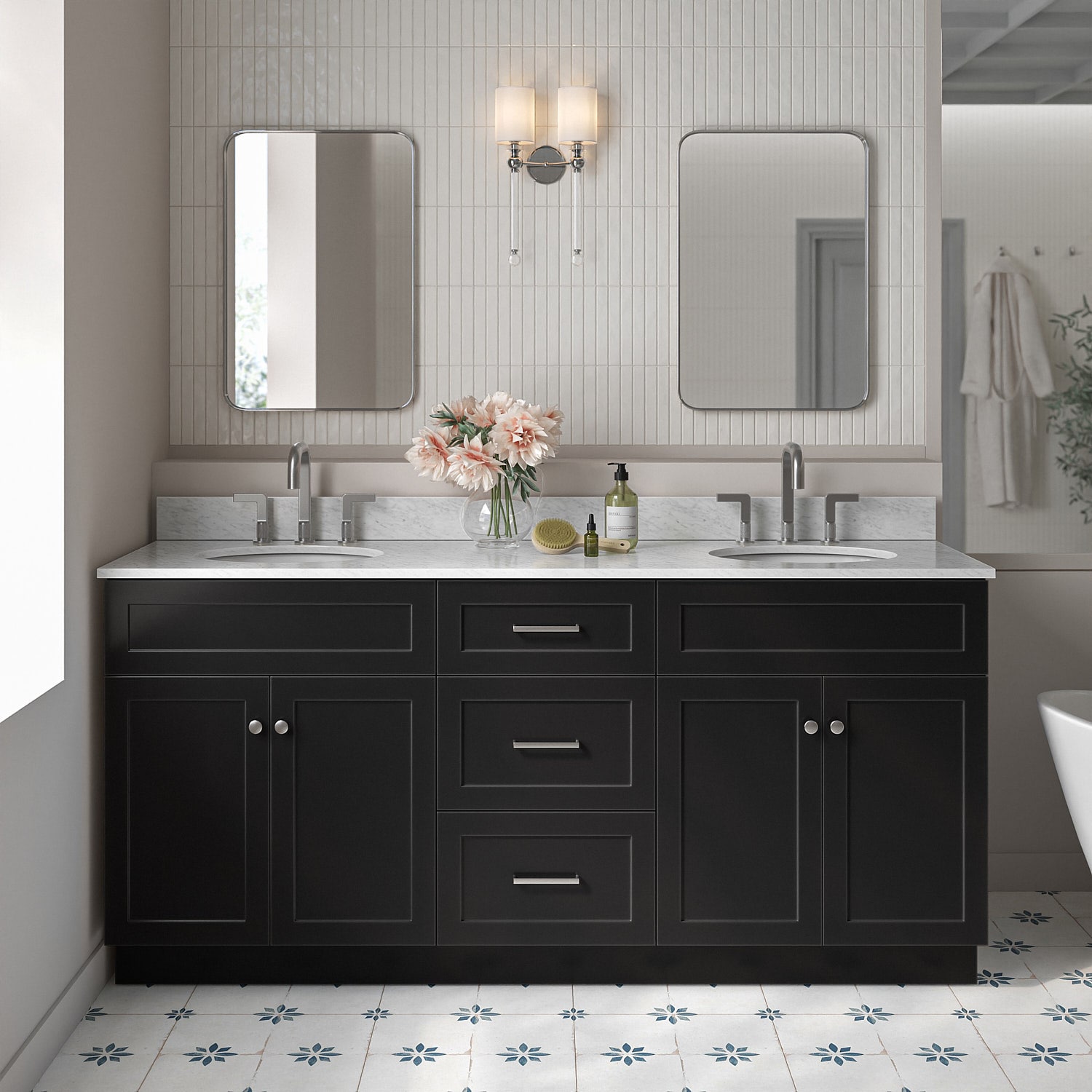 ARIEL F073DCW2OVOBLK Hamlet 73-in Black Undermount Double sink Bathroom Vanity with 0.75" Carrara White Marble Natural marble Top