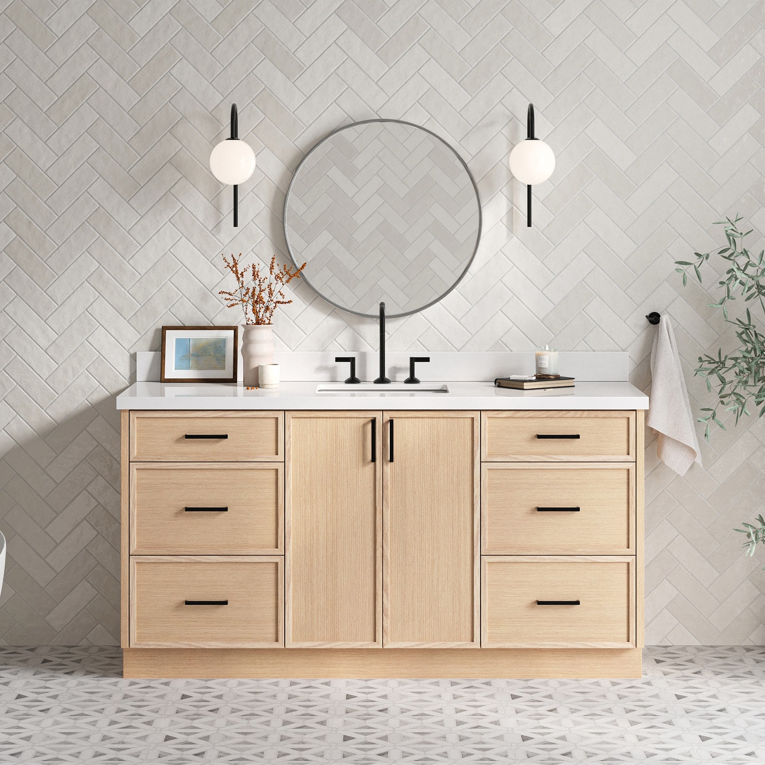 ARIEL K67WQRVOWOA Kelly 66-in Oak Undermount Single Sink Bathroom Vanity with Pure White Quartz Quartz Top