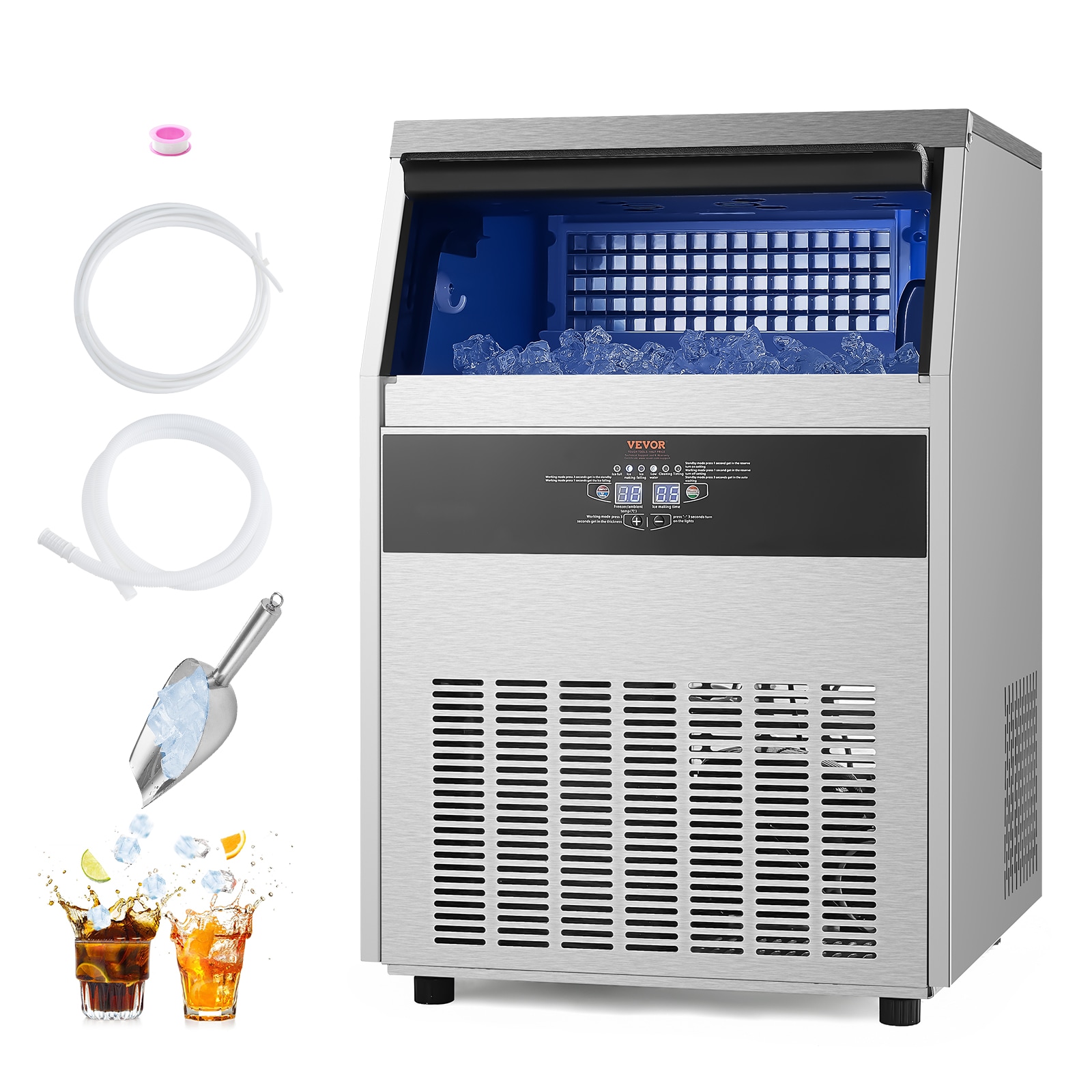 VEVOR FBZBJSKF-D80F0001V1 66 LBS Storage Ice Maker 160-lb Ice Per day Freestanding Cubed Ice Maker ( Stainless Steel + PP )