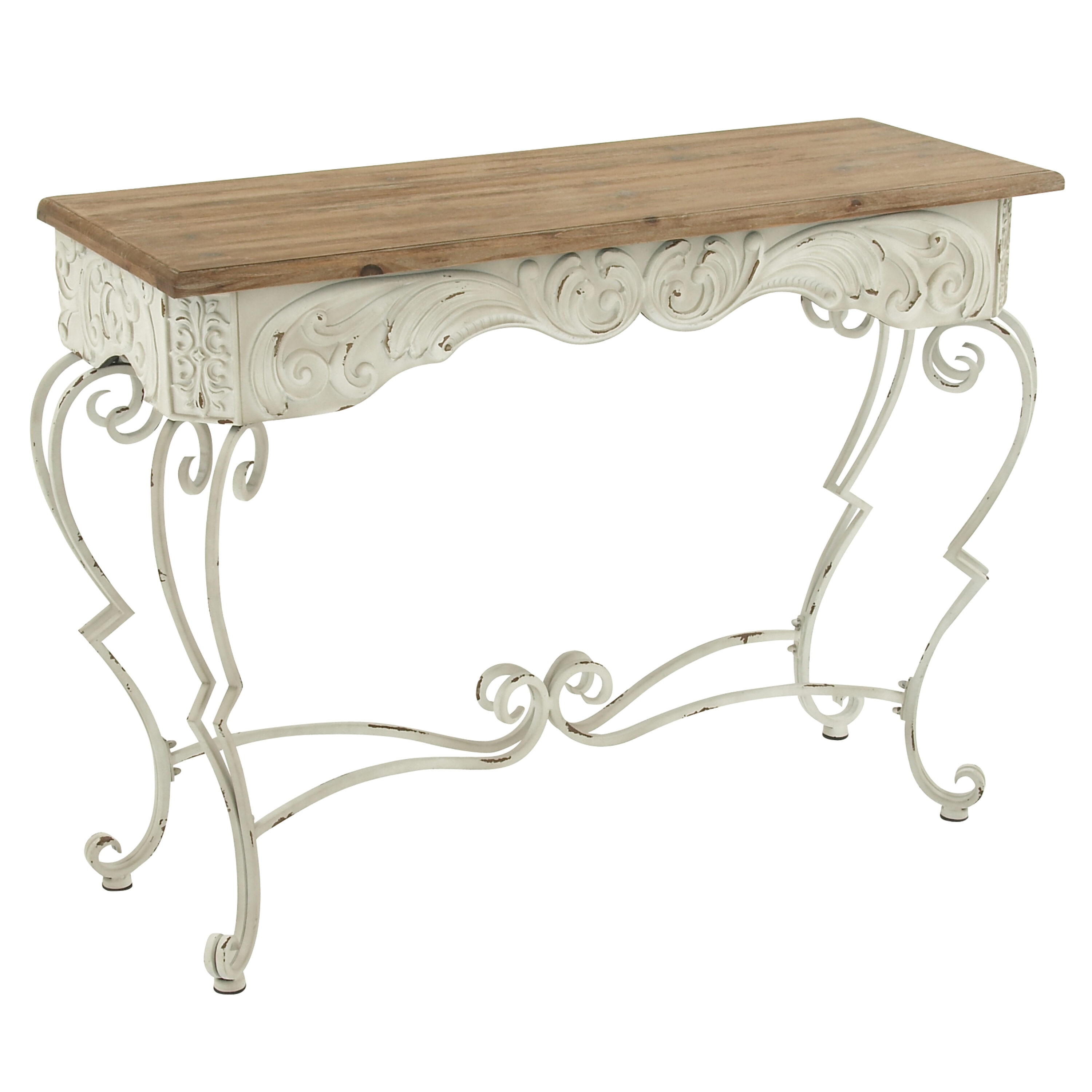 French Provincial White Metal Scroll Console Table with Fir Wood Top