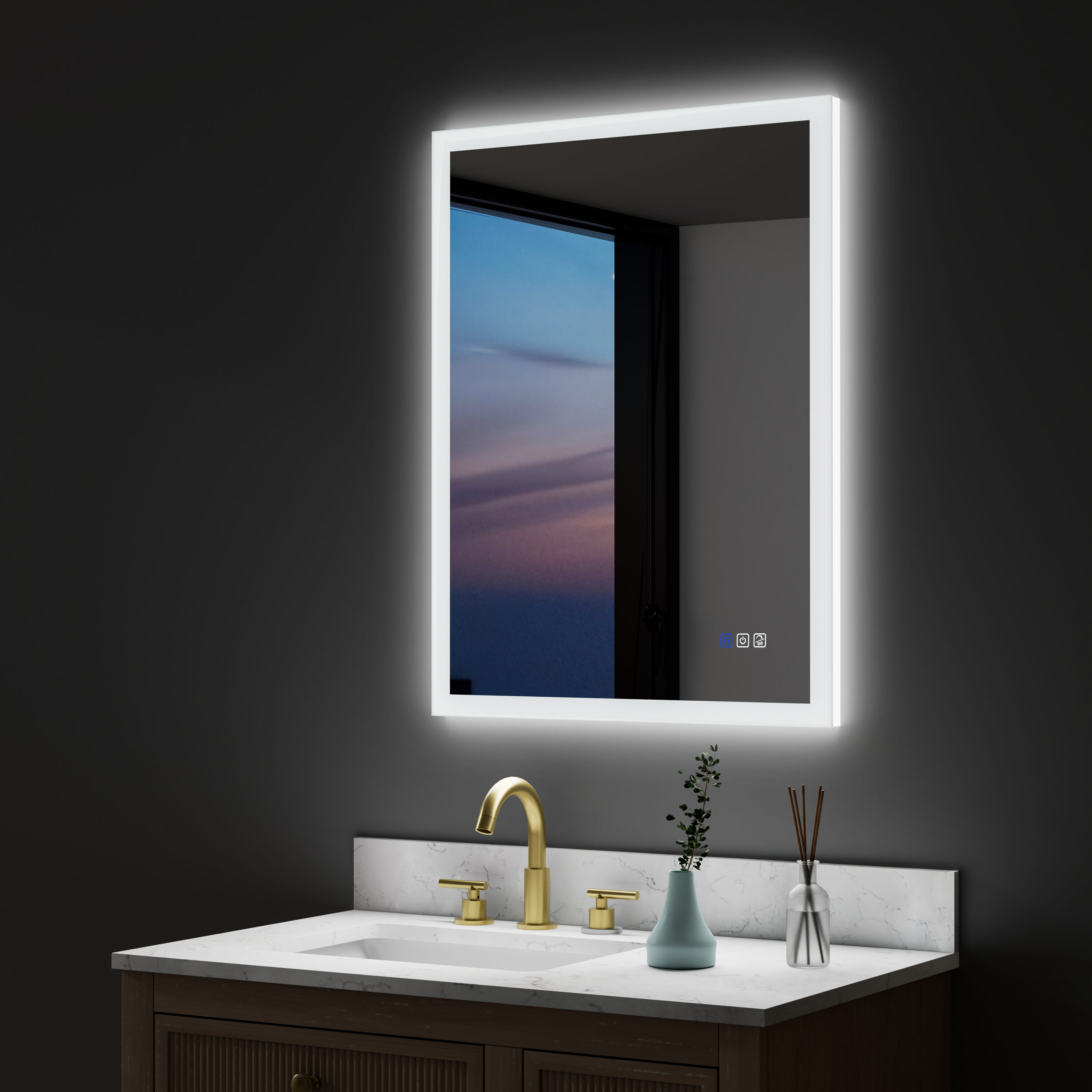 CALVON M7ABMR2836 Acrylic Illuminated LED Mirror 36-in x 28-in Polished Frameless Rectangle Dimmable LED Lighted Fog Free Bathroom Vanity Mirror ( White )