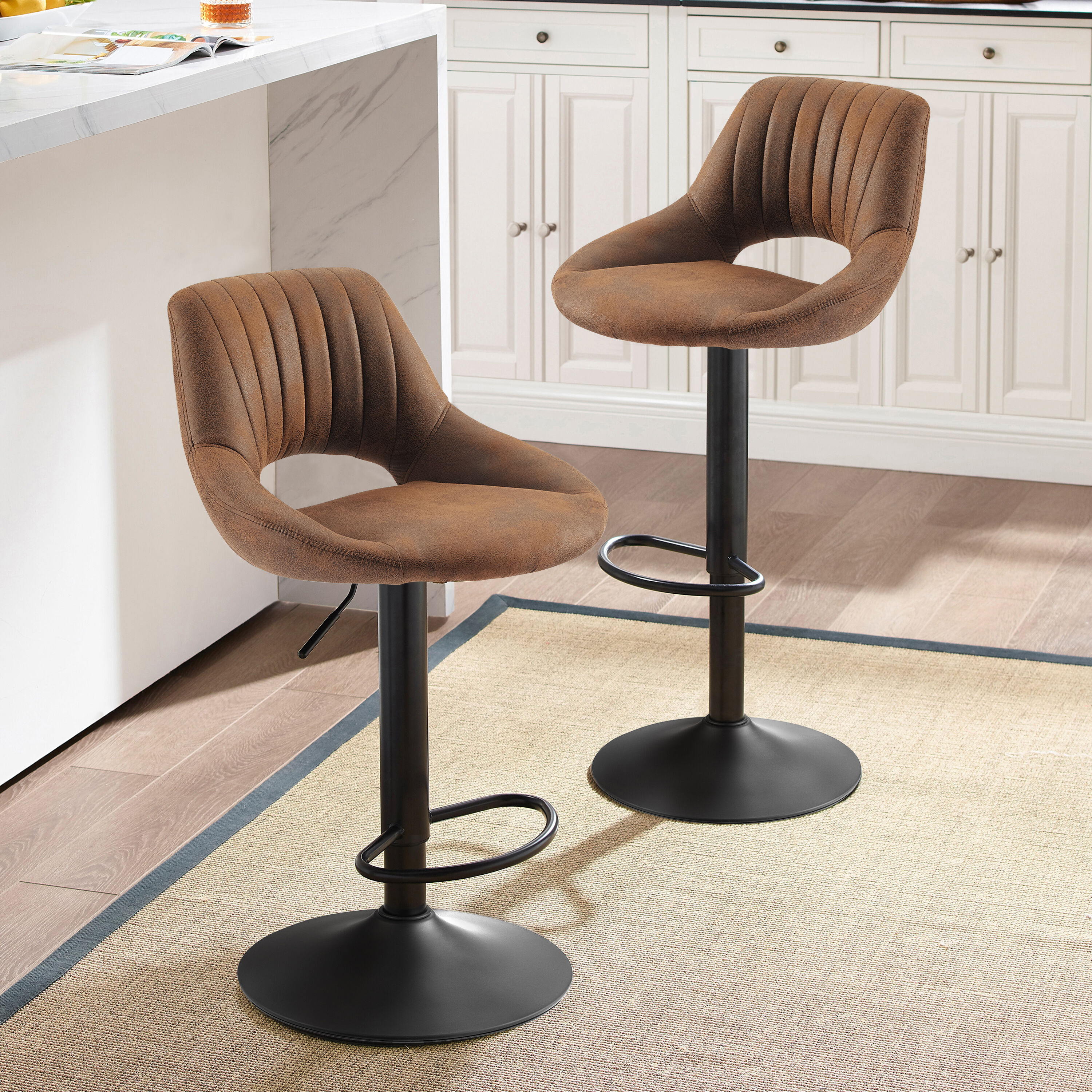 Art Leon BS003-BROWN Set of 2 Brown 24-in H Counter height (24-in to 27-in) Bucket Seat Upholstered Swivel Wood Bar Stool