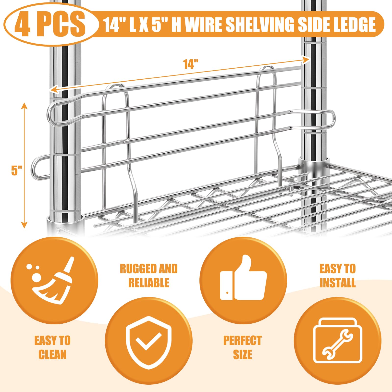 UUDULY 4 pcs Chrome Wire Shelf Ledge 14 Inch by 5 Inch Metal Side Ledge ...