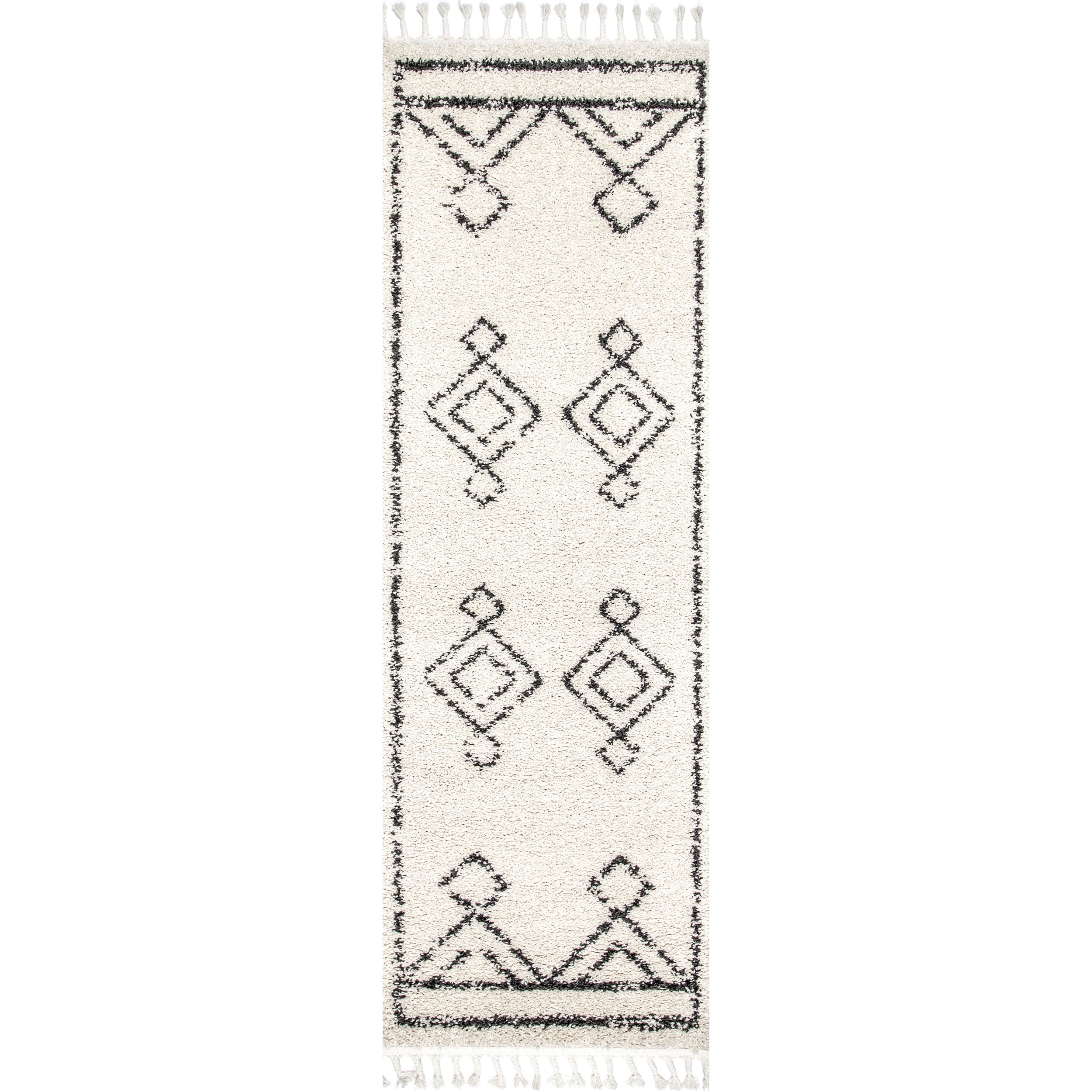 Off-White Moroccan Diamond Shag Runner Rug with Tassels