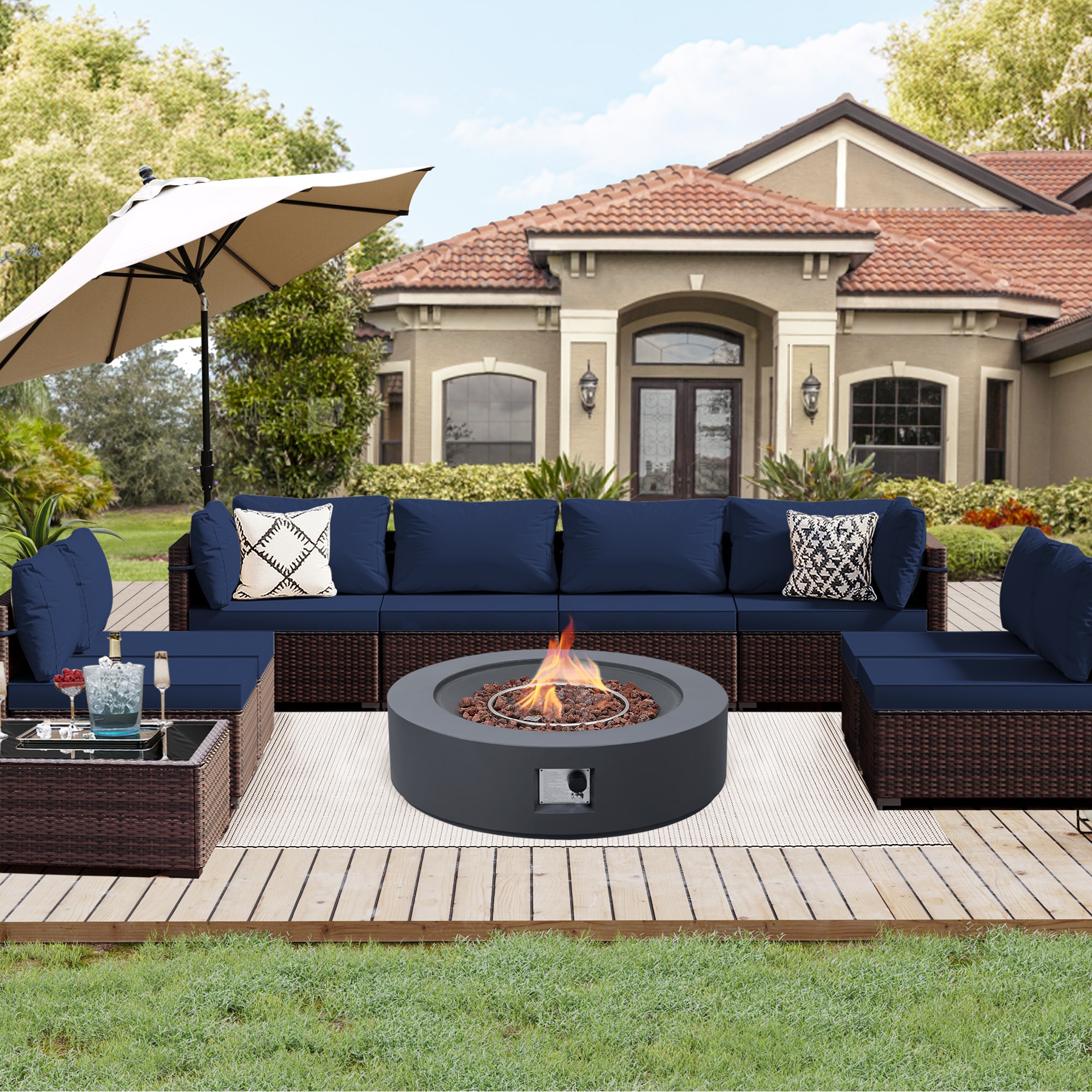 UPHA PL-3CZ-M42DK-Z2 10 -Piece Rattan Patio Conversation Set with Blue Cushions