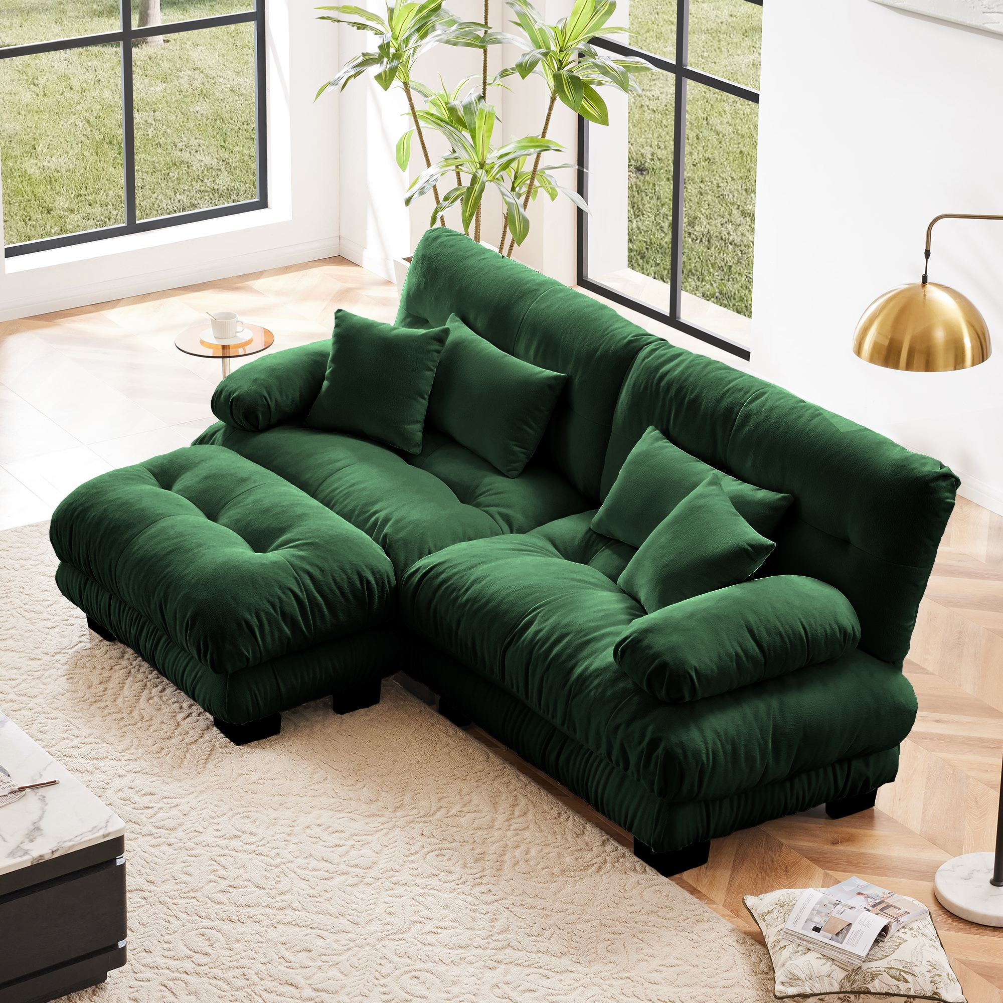 LOVMOR Green Chenille 2 Seat Cloud Sectional Sofa with 4 Pillows