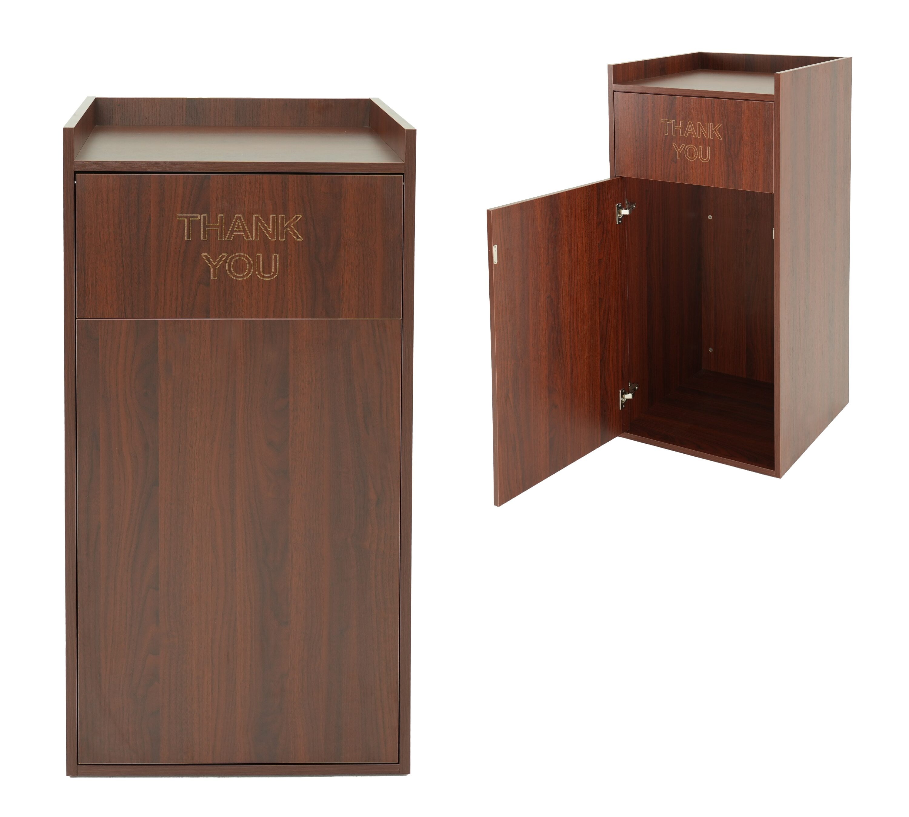Alpine Industries 40 Gallon Mahogany Commercial Enclosed Trash Can with Food Tray Top Lid for Restaurants Cafeterias and Lunchrooms