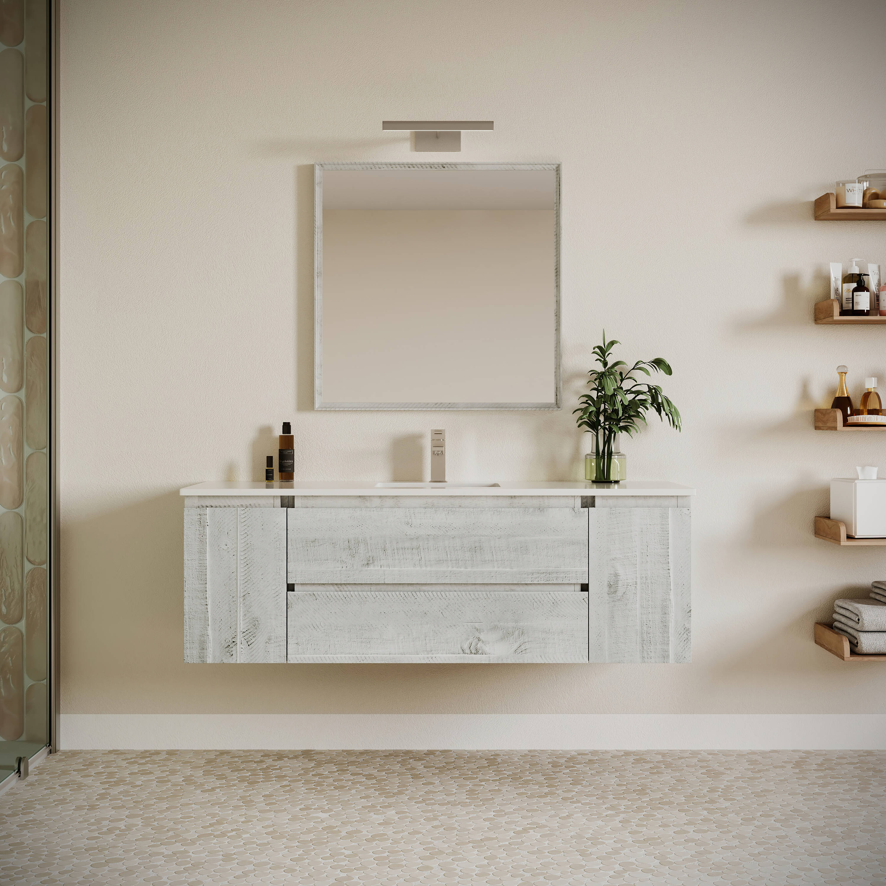Fresca FVN31-123612RWH Formosa 60-in Rustic White Undermount Single sink Floating Bathroom Vanity with White Quartz Top (Mirror Included)