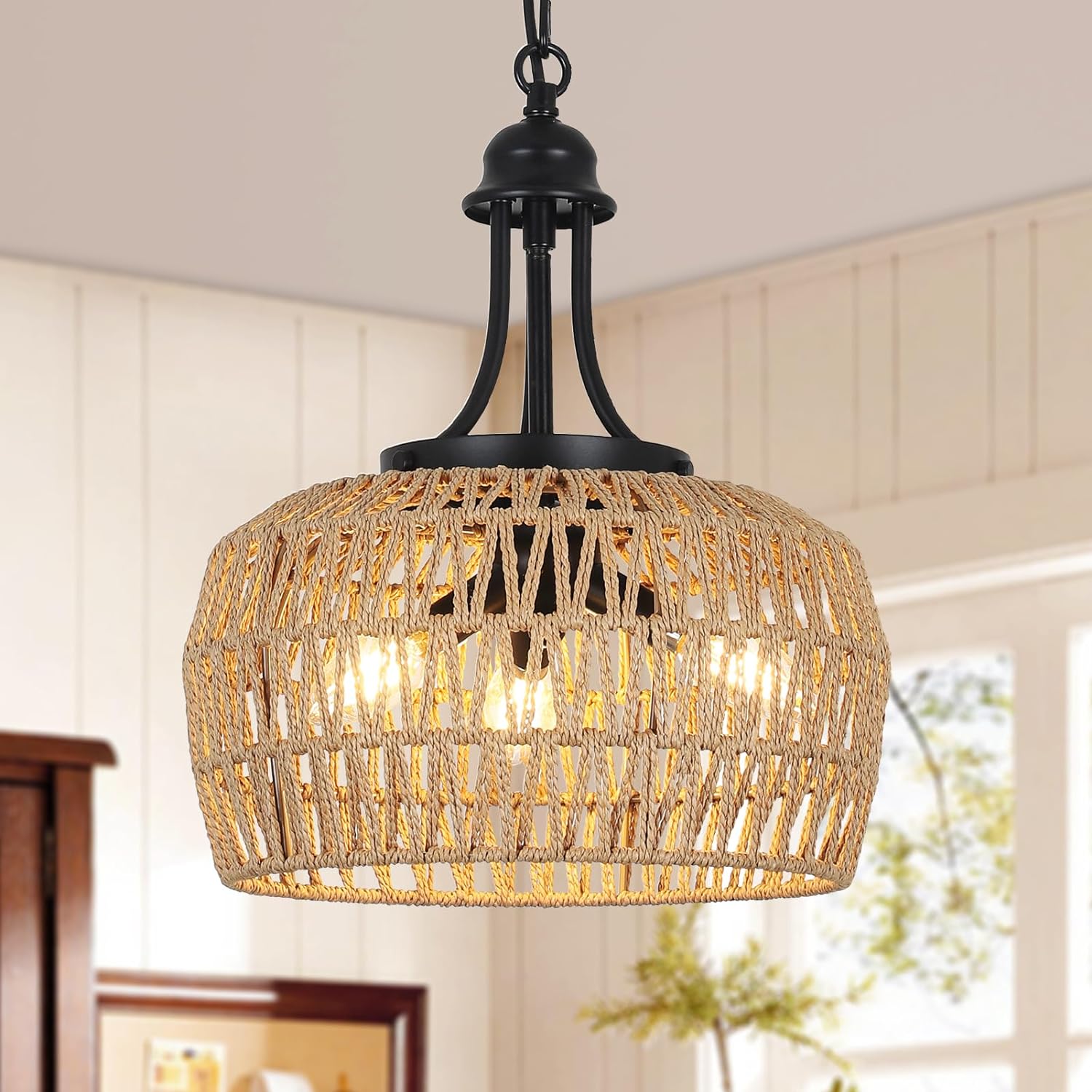 LOVMOR SFRW2738P185445 Farmhouse Chandelier for Dining Room 3 Light Boho Rattan Chandelier Light Fixture Ceiling Hanging with Woven Lampshade
