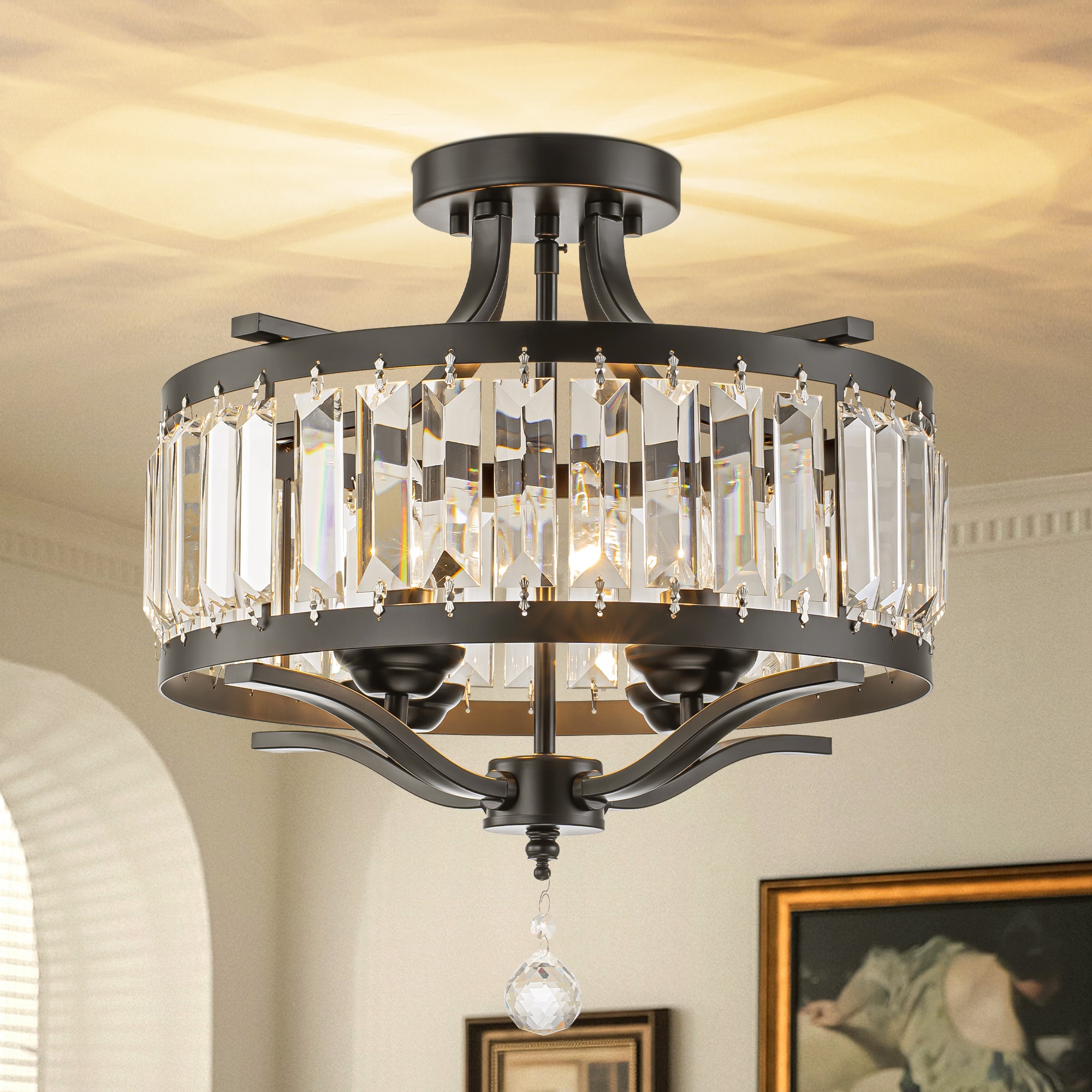 Y'INSP Possini 16.5-in Matte Black Indoor 4 -Light Semi-flush Mount Light with Crystal Shade