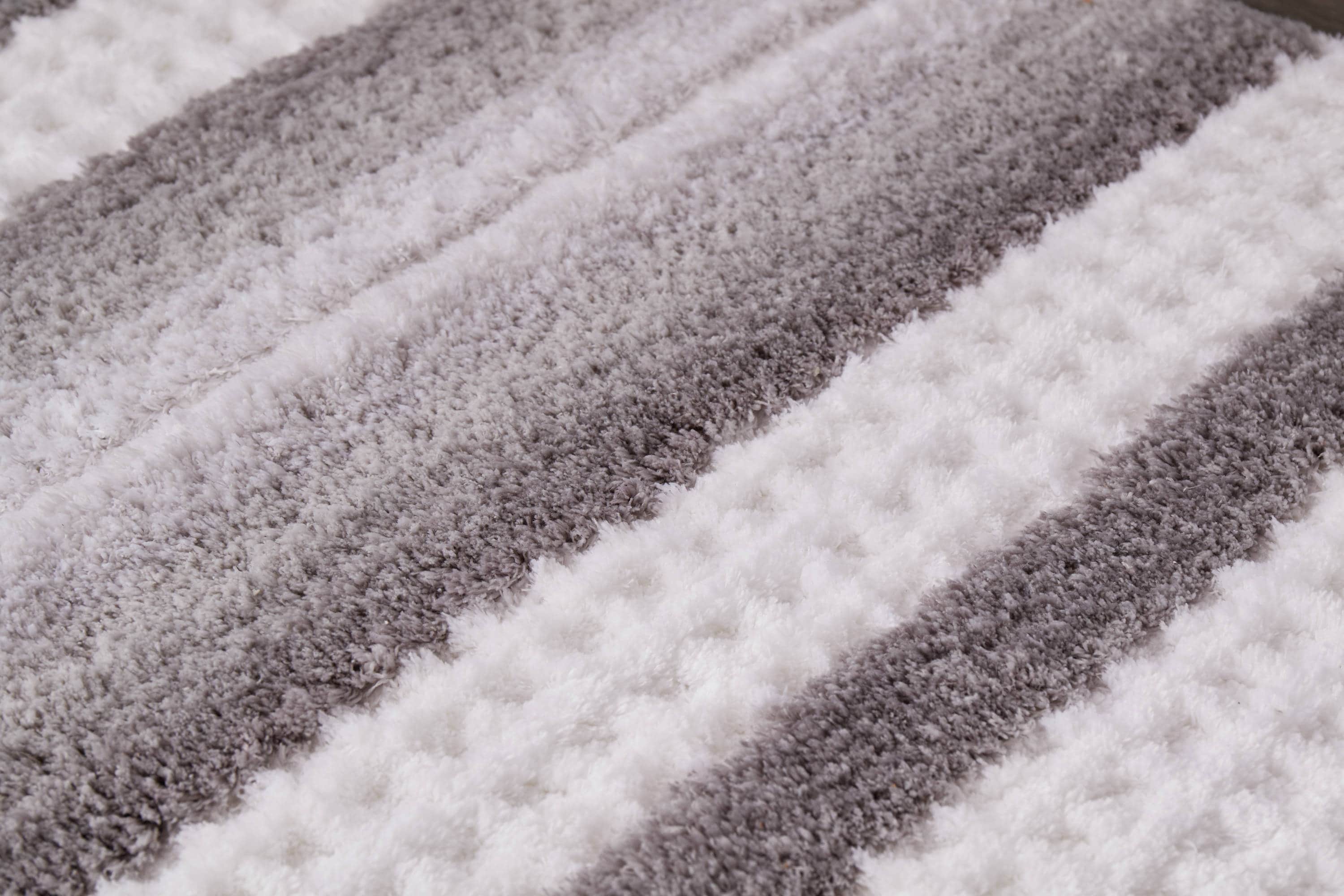 Silver and White Striped Plush Bathroom Rug