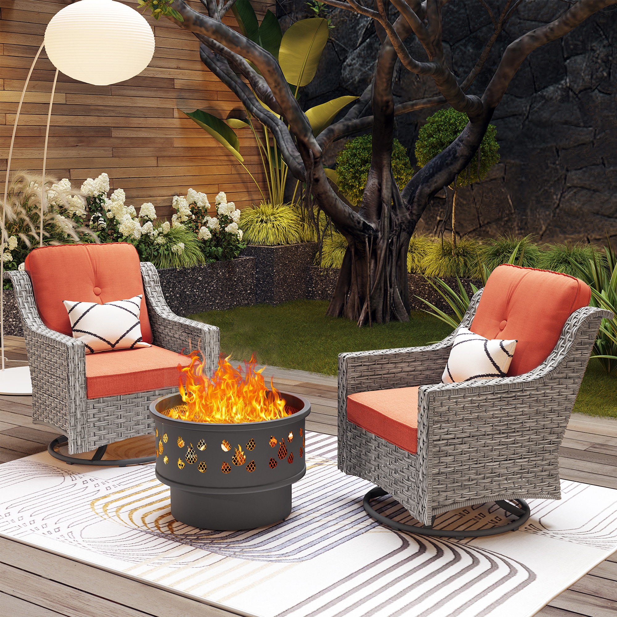 Pouuin SCFPAD8C03 3 -Piece Rattan Patio Conversation Set with Orange Cushions