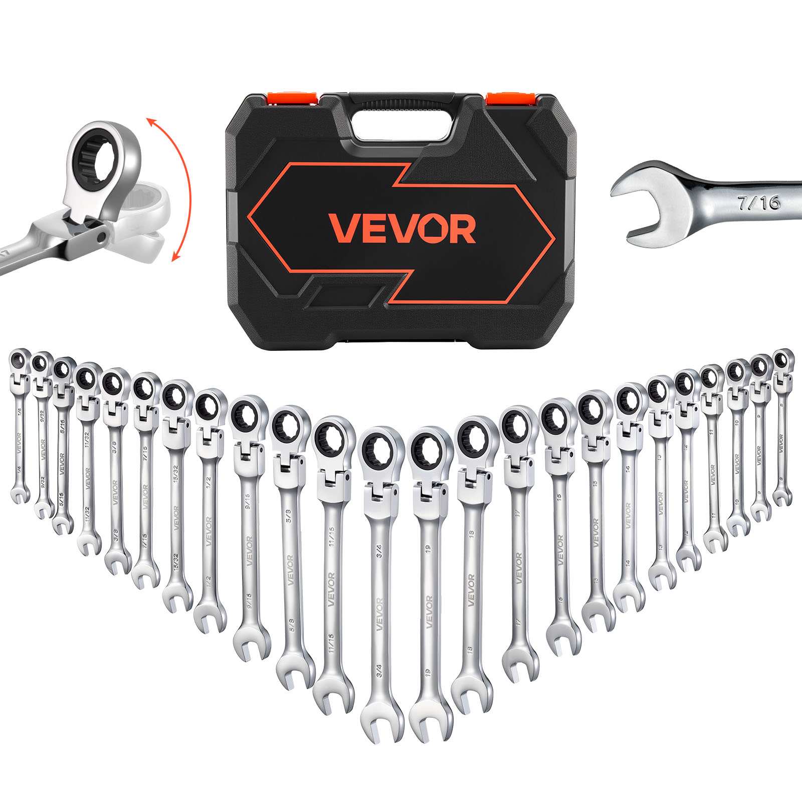 VEVOR 24 -Piece Set Metric and standard (SAE) Flexible head Combination Wrench Includes Hard Case