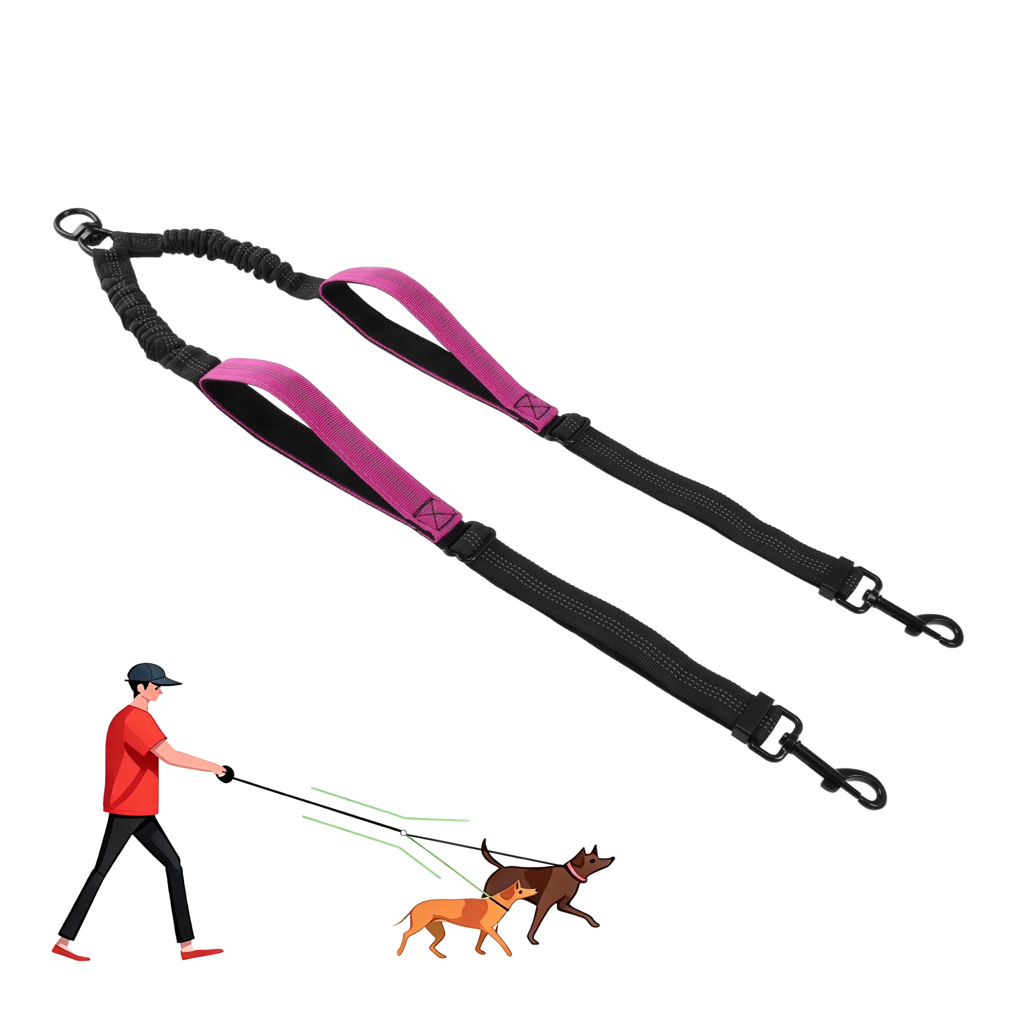 Double Dog Leash No Tangle Dual Leash for Two Dogs with Adjustable Long Rope and Dual Control Handles Design for Training Pets Rose Red