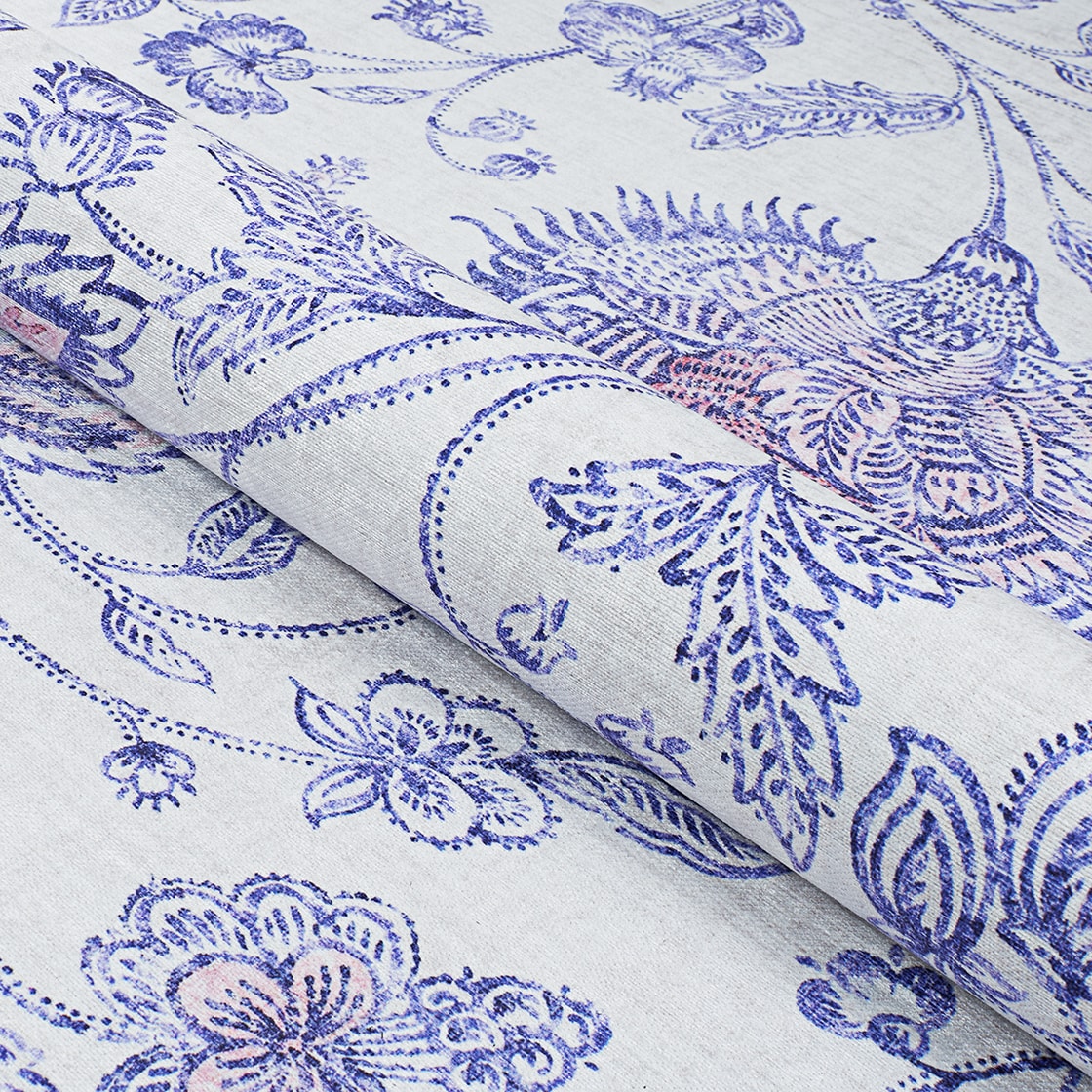 Ivory and Blue Floral Synthetic Runner Rug